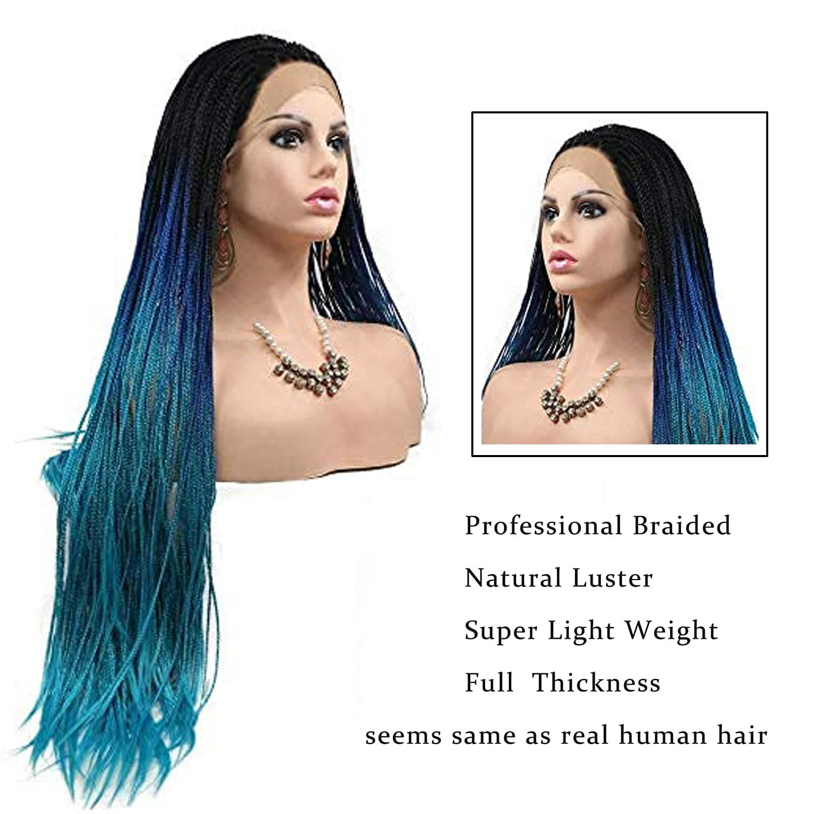 Blue Braided Wigs for Black Women Long Straight Box Braids Wig Black Ombre Blue Micro Braid Wig Realistic Hairline Glueless Knotless Braided Coloured Wigs Synthetic Heat Resistant Hair Cosplay 26Inch - Image 4