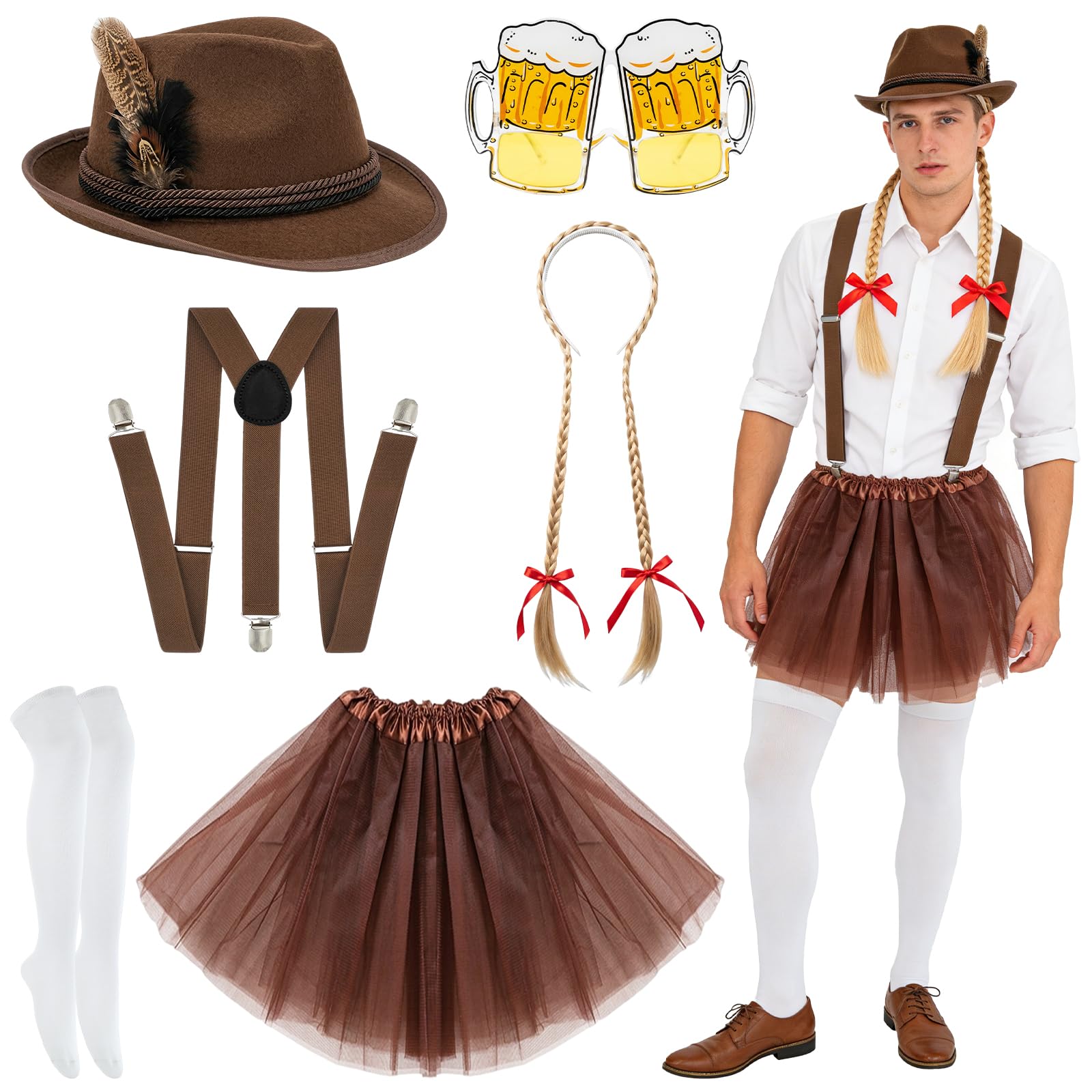 Kyndara 6Pcs Bavarian Oktoberfest Stag Do Costume Set, Stag Fancy Dress Kit with Tutu Skirt Hat Suspenders Beer Glass Glasses Braid Socks for Adult Men Party Oktoberfest Celebrations