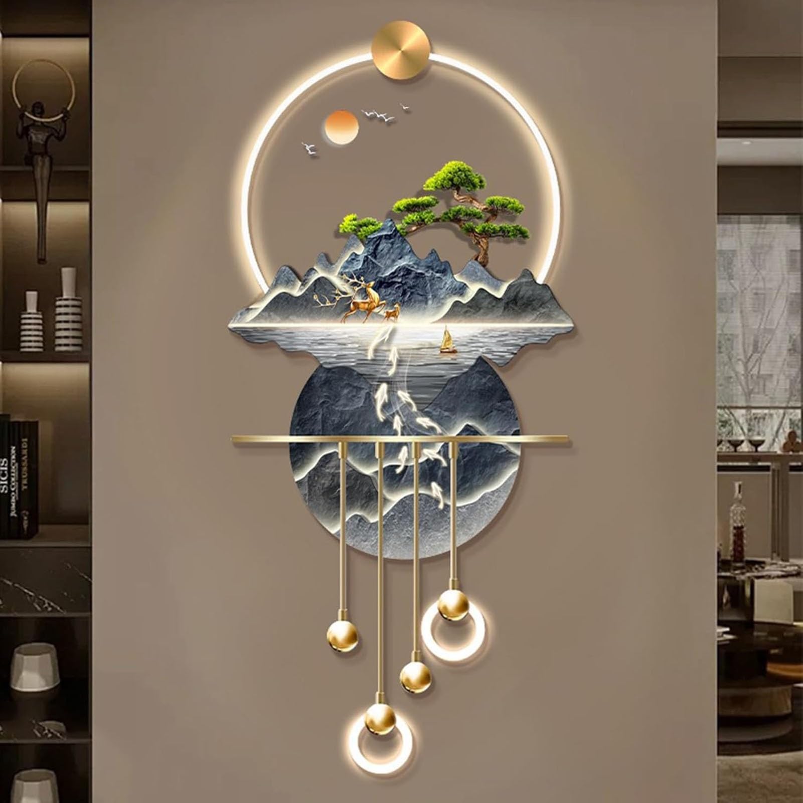 3D Wall Art Decor, Wall Sculptures Wall Hanging Art with Led Light, Wall Art Decorations Lamp, Oriental Decor Traditional Chinese Wall Hanging Painting,Luxury Gifts for Living Room Bedroom Decoration(