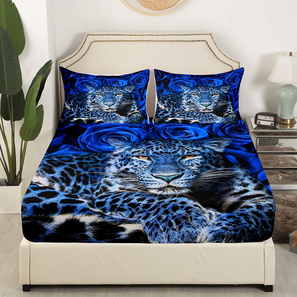 Leopard Bedding Set Safari Cheetah Print Fitted Sheet for Kids Boys Girls Teens Wild Animal Bed Sheet Set Breathable Blue Rose Print Bed Cover Room Decor Twin Size