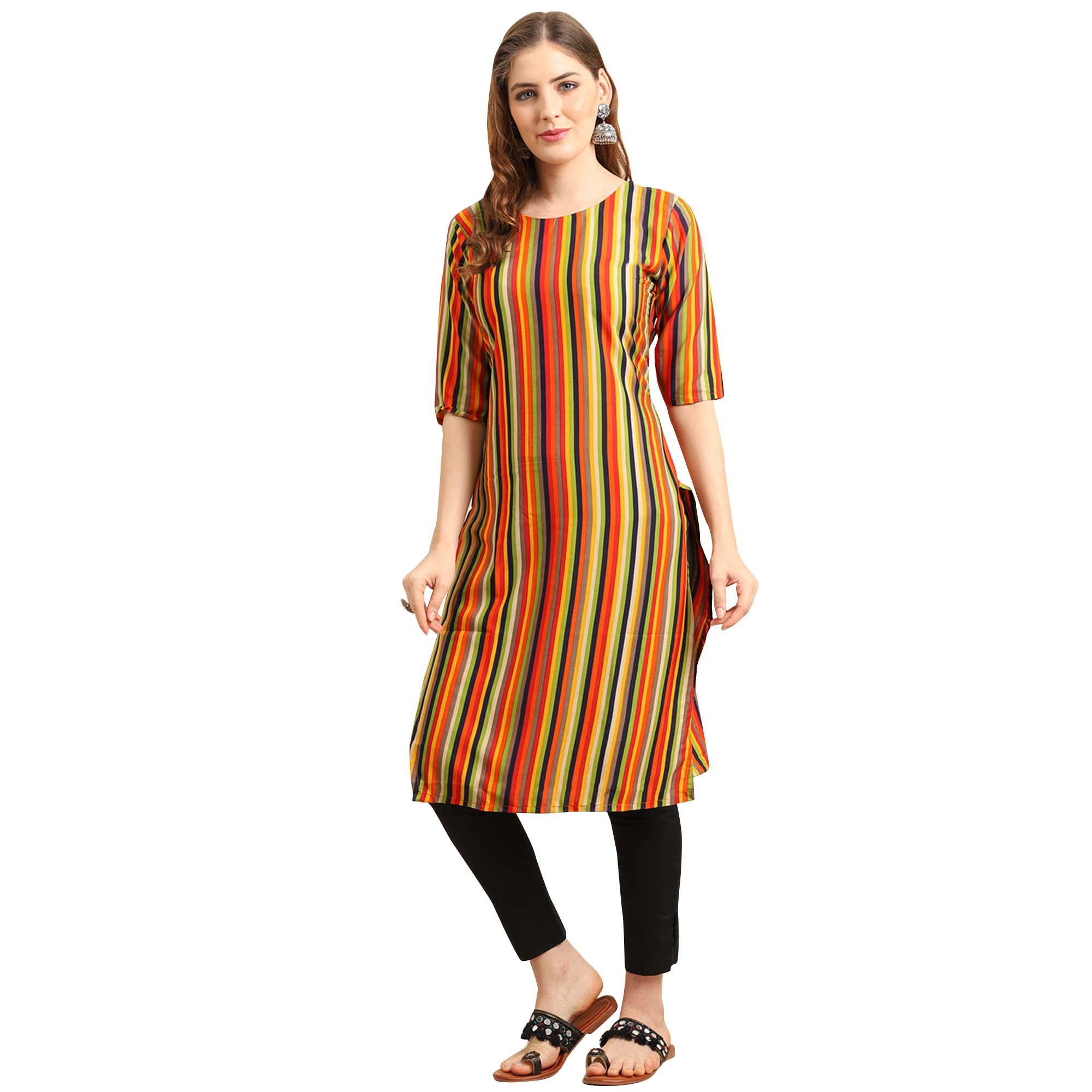 PinkmintWomen's Crepe Multicolor Stripe Printed Straight Kurti {MA-530356}