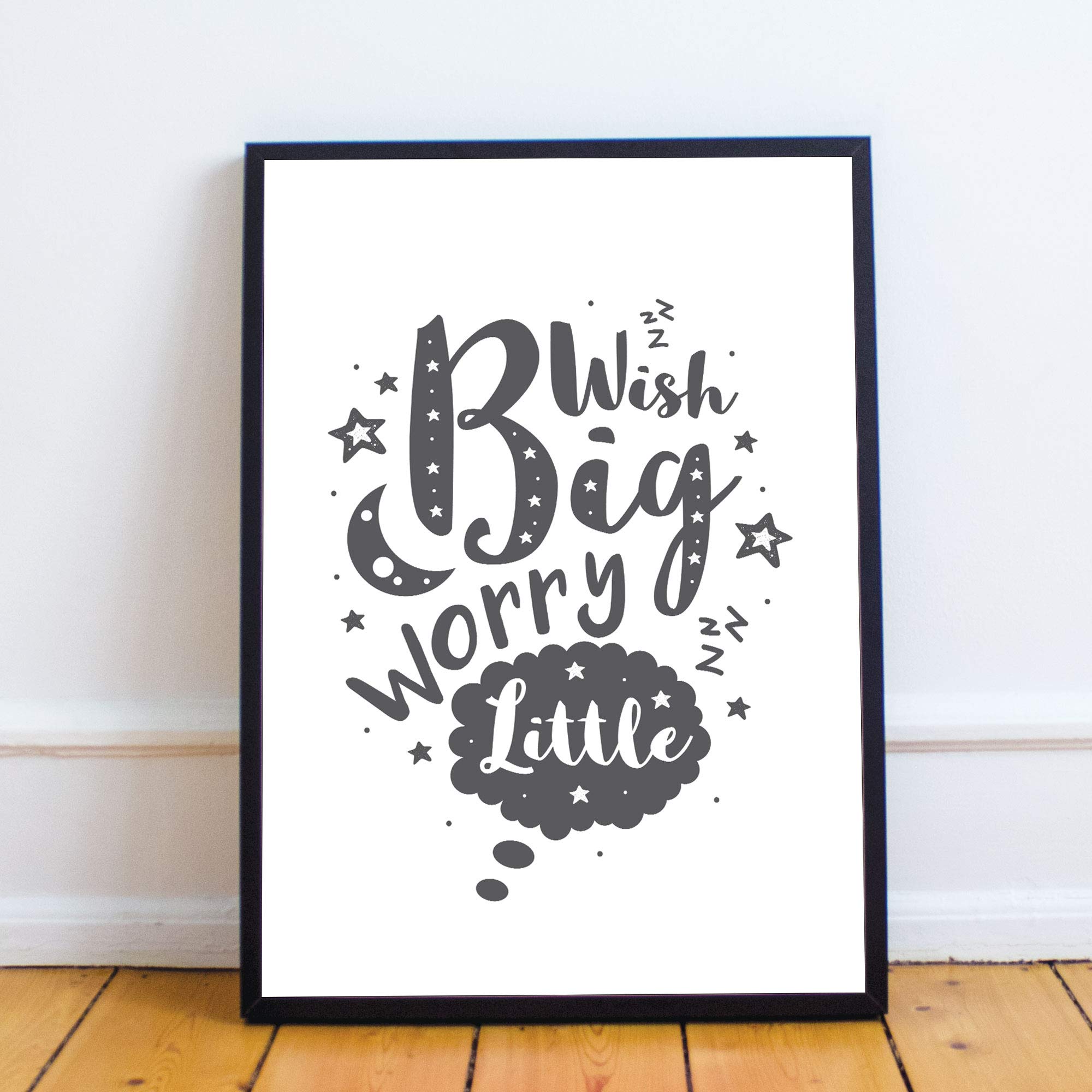 RED OCEAN Cute Boys Bedroom Print Boys Bedroom Wall Art Decor Grey Nursery Print Baby Gift Keepsake (A4 Print with Black Frame - Wish Big Worry Little White Grey)