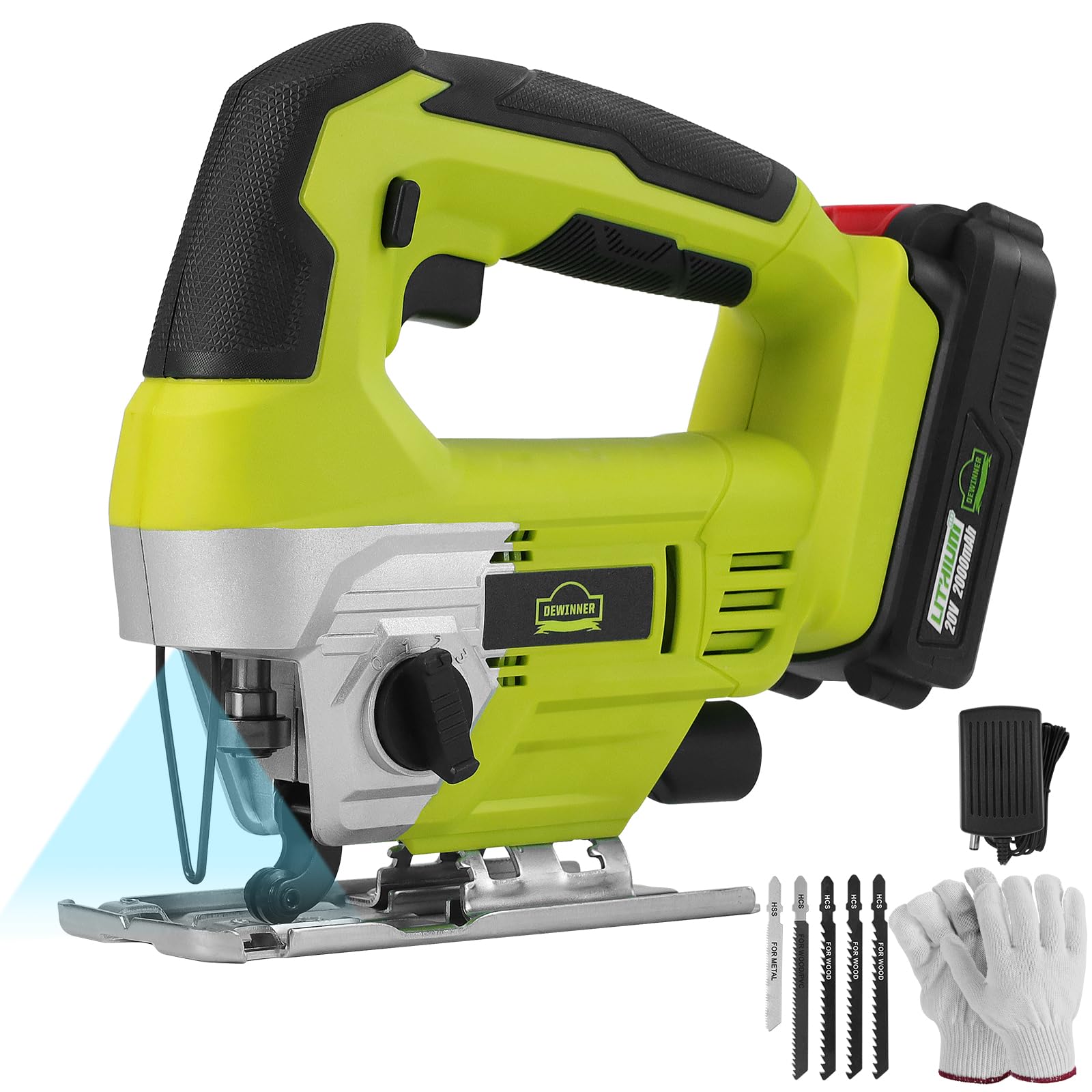 DEWINNER Scie Sauteuse sans fil 20V,vendue avec batterie 2,0 Ah, chargeur et coffret Gants,5pcs lames,Action Orbitale à 4 positions avec Jeu de, 0-45° Coupe en Biseau, Changement de Lames Rapide