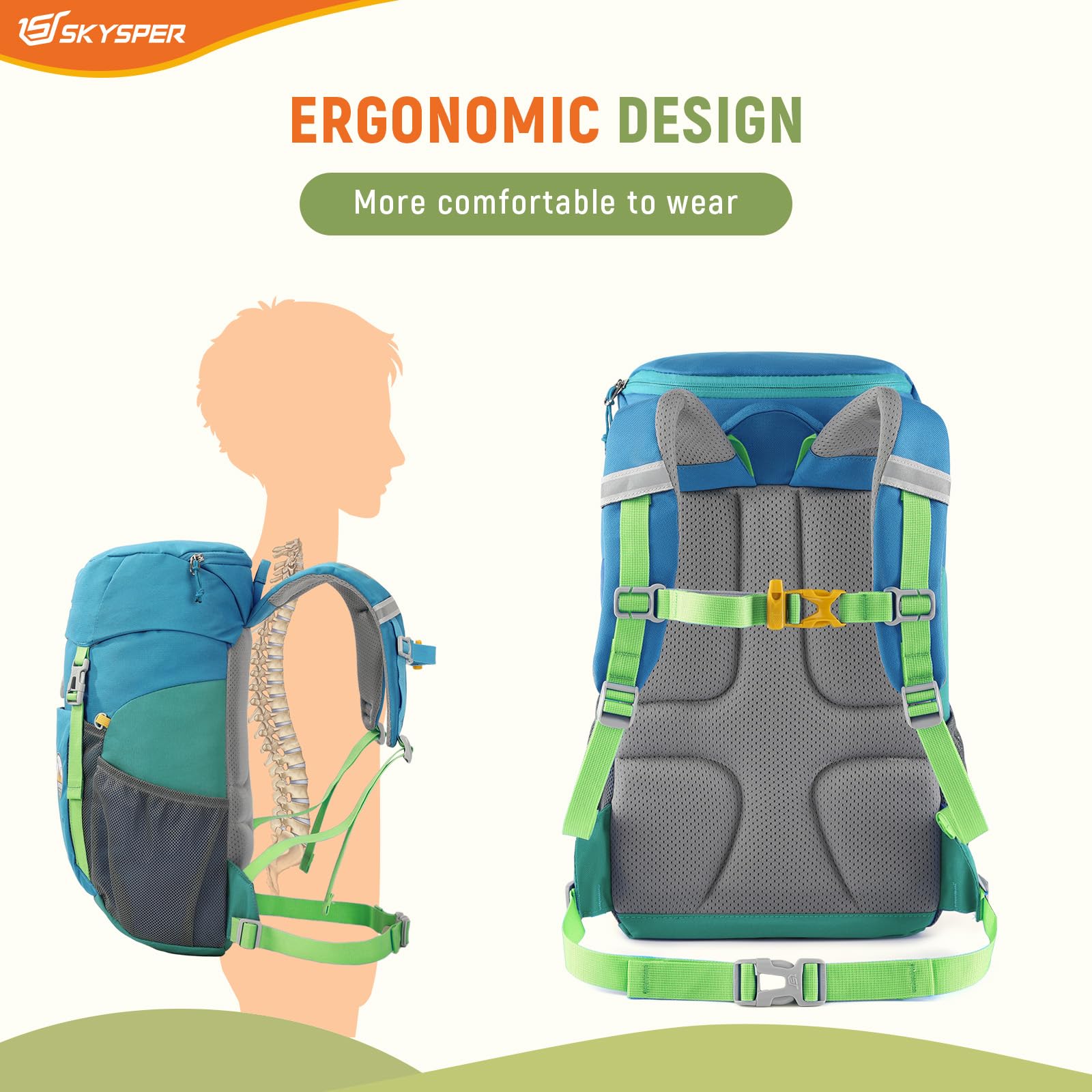 SKYSPER Wanderrucksack Kinder 15L für Jungen & Mädchen Kinderrucksack mit Brustgurt für 6-12 Jahre Rucksack Kinder Wandern Outdoor