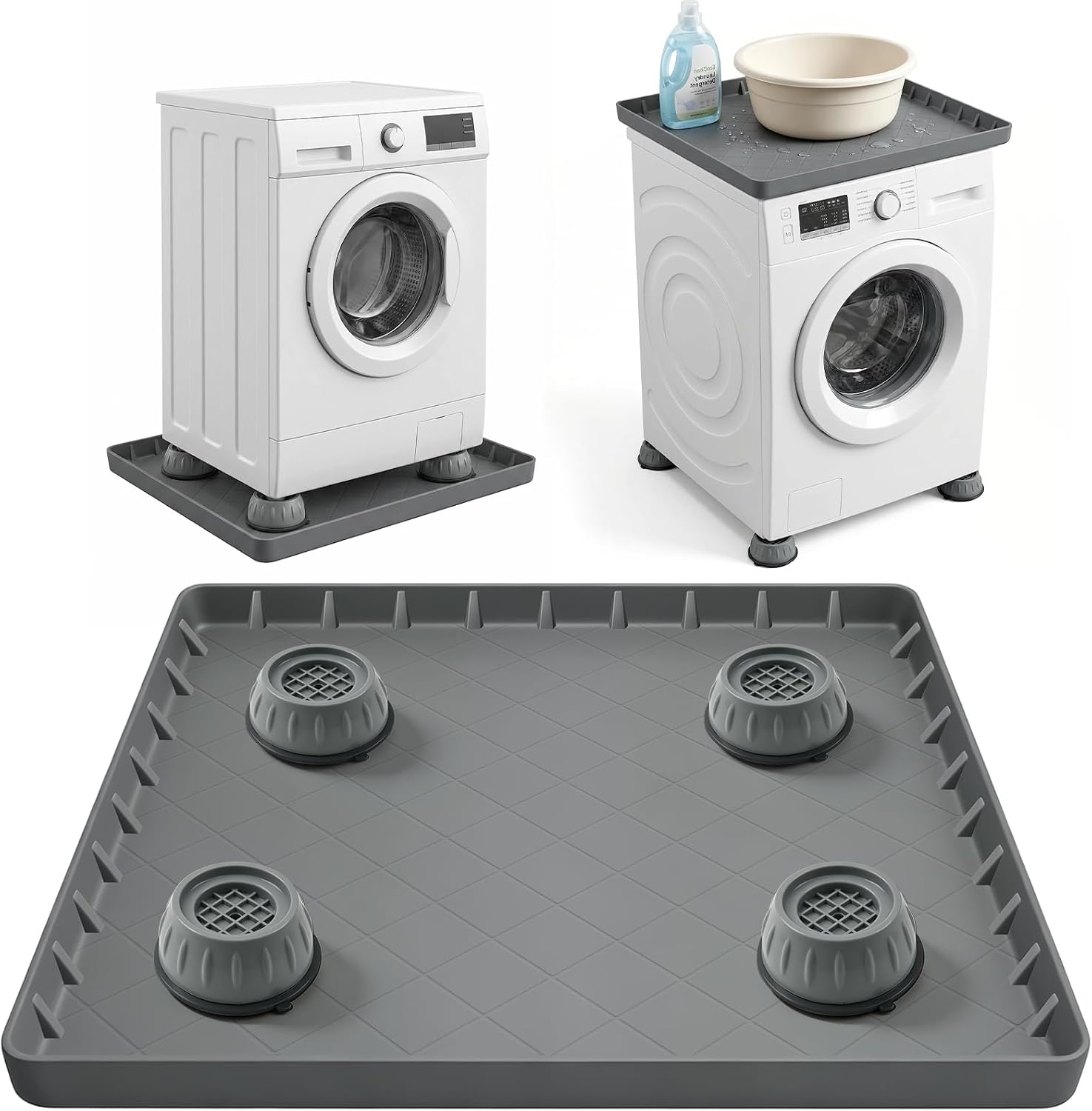 32"x31"x1" Washing Machine Drip Pan – Silicone Leak Proof Tray with 4 Anti Vibration Pads, Floor Protection for Washer, Dryer, Refrigerator