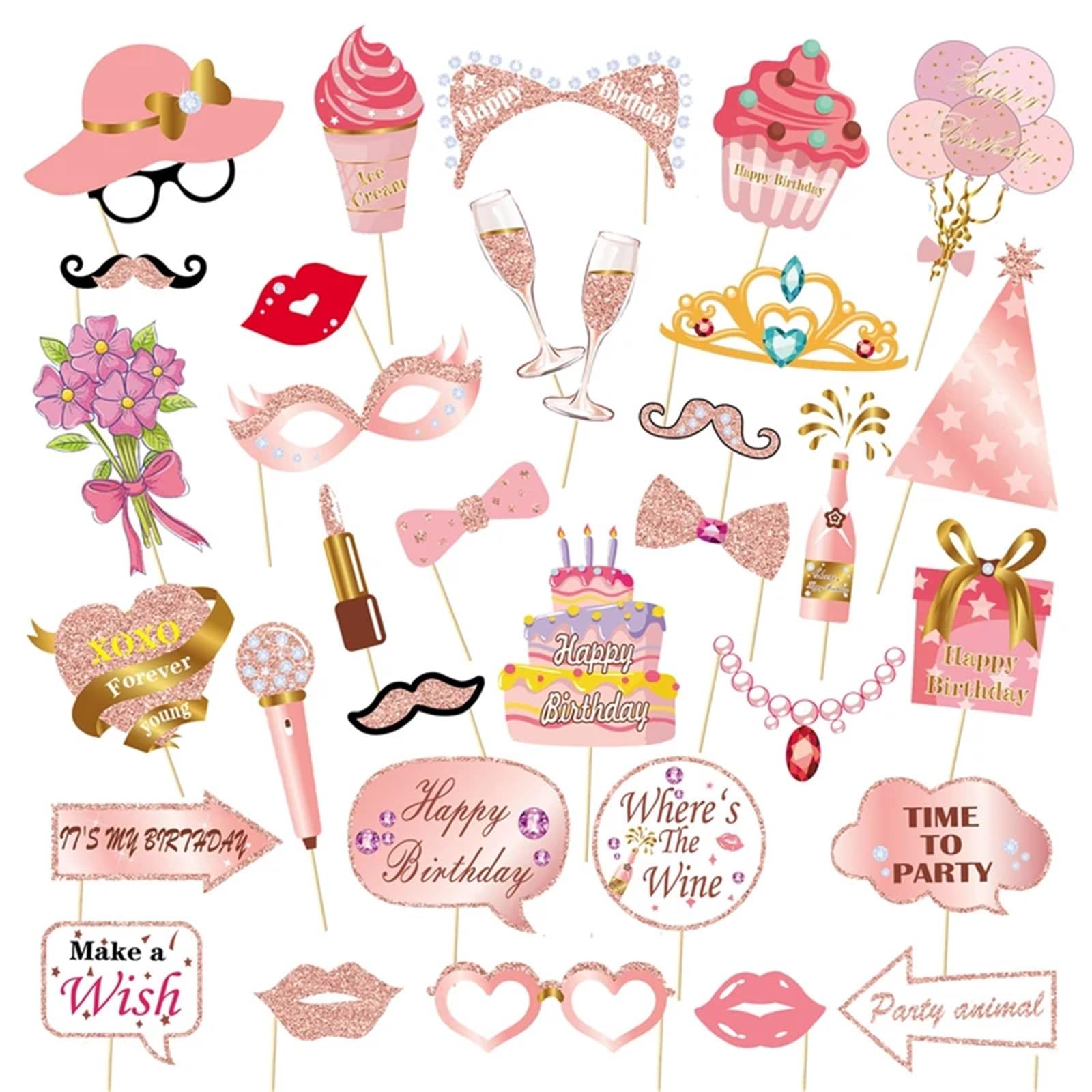 33Pcs Photo Booth Props for 16-60 Year Olds | Birthday & Anniversary Party Supplies for Women(Happy Birthday)