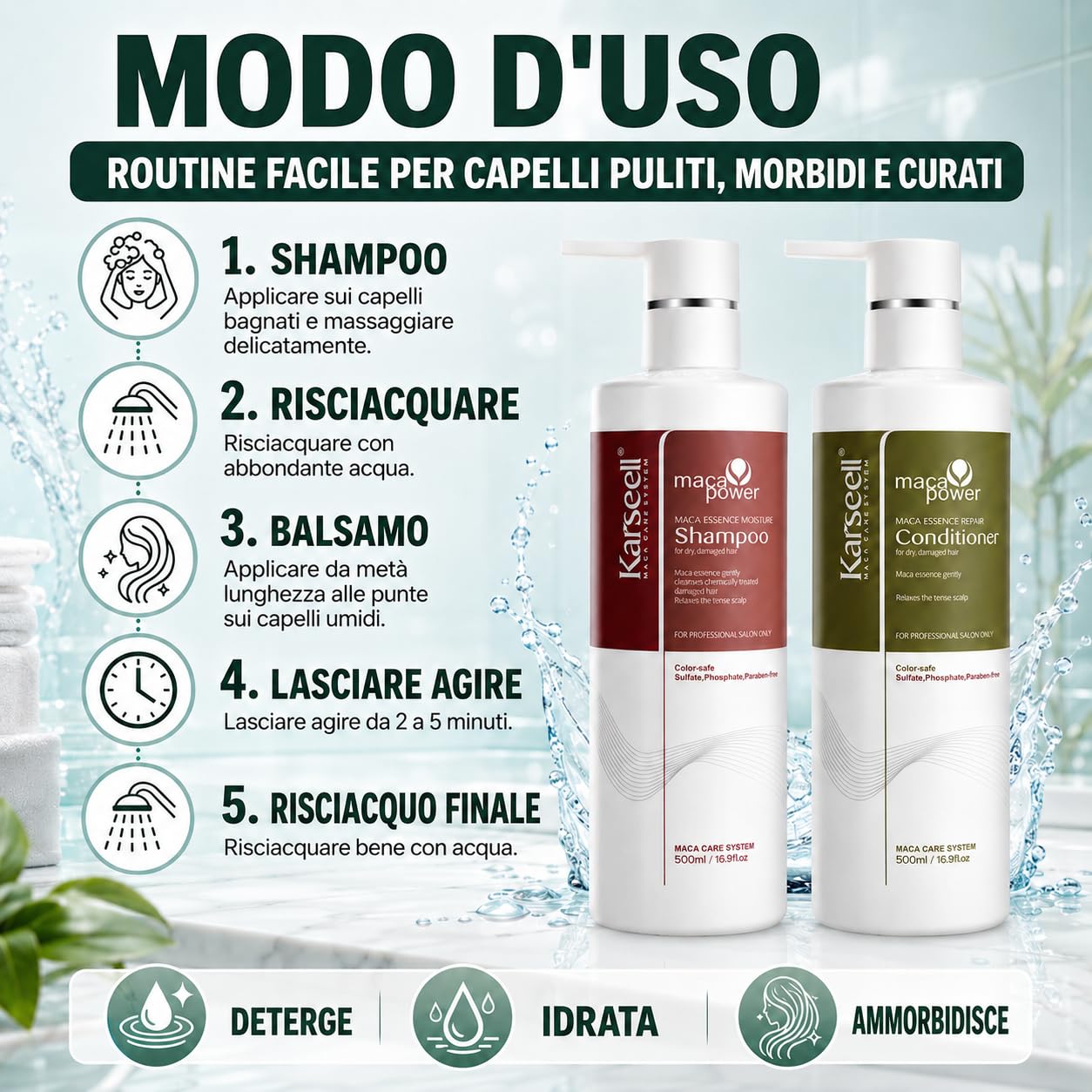 Karseell MACA CARE SYSTEM Set Shampoo Idratante + Balsamo Riparatore Capelli Secchi Danneggiati Colorati Ricci Lisciati Nutriente Anticrespo Collagene Argan Maca Professionale Senza Solfati 2x500ml