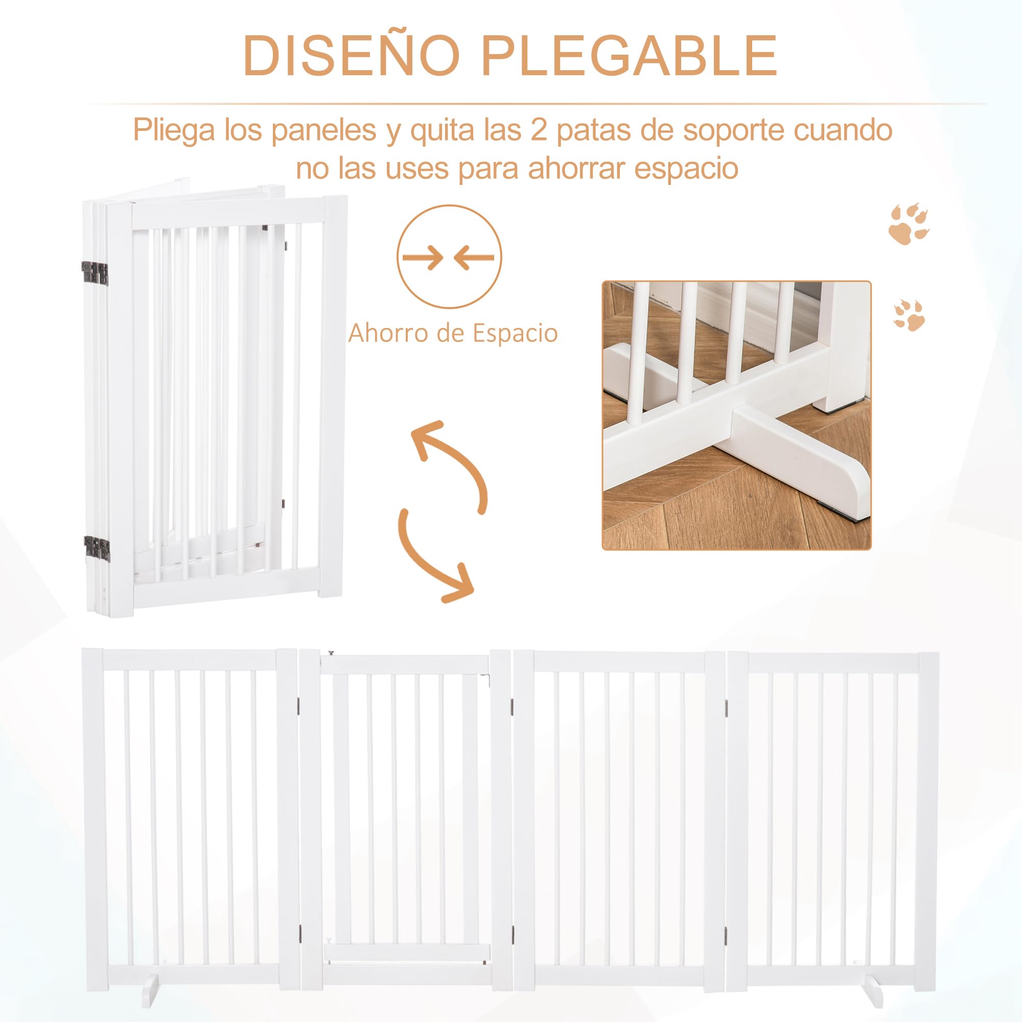 PawHut Barrera para Perros Plegable con Puerta Pequeña Valla para Perros 220x91 cm de 4 Paneles Barrera de Seguridad para Mascotas para Pasillo Escalera Blanco