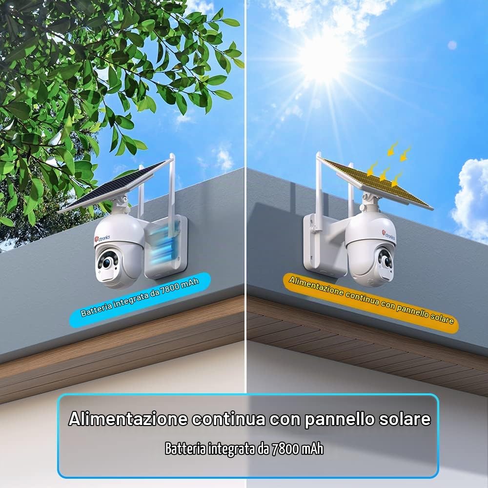 Ctronics 2.5K 4MP Telecamera Wi-Fi Esterno Senza Fili con 355/95°Pan & Tilt | Telecamera con pannello solare Batteria, Visione Notturna a Colore, Rilevamento Umano PIR, Audio a Due Vie, IP66