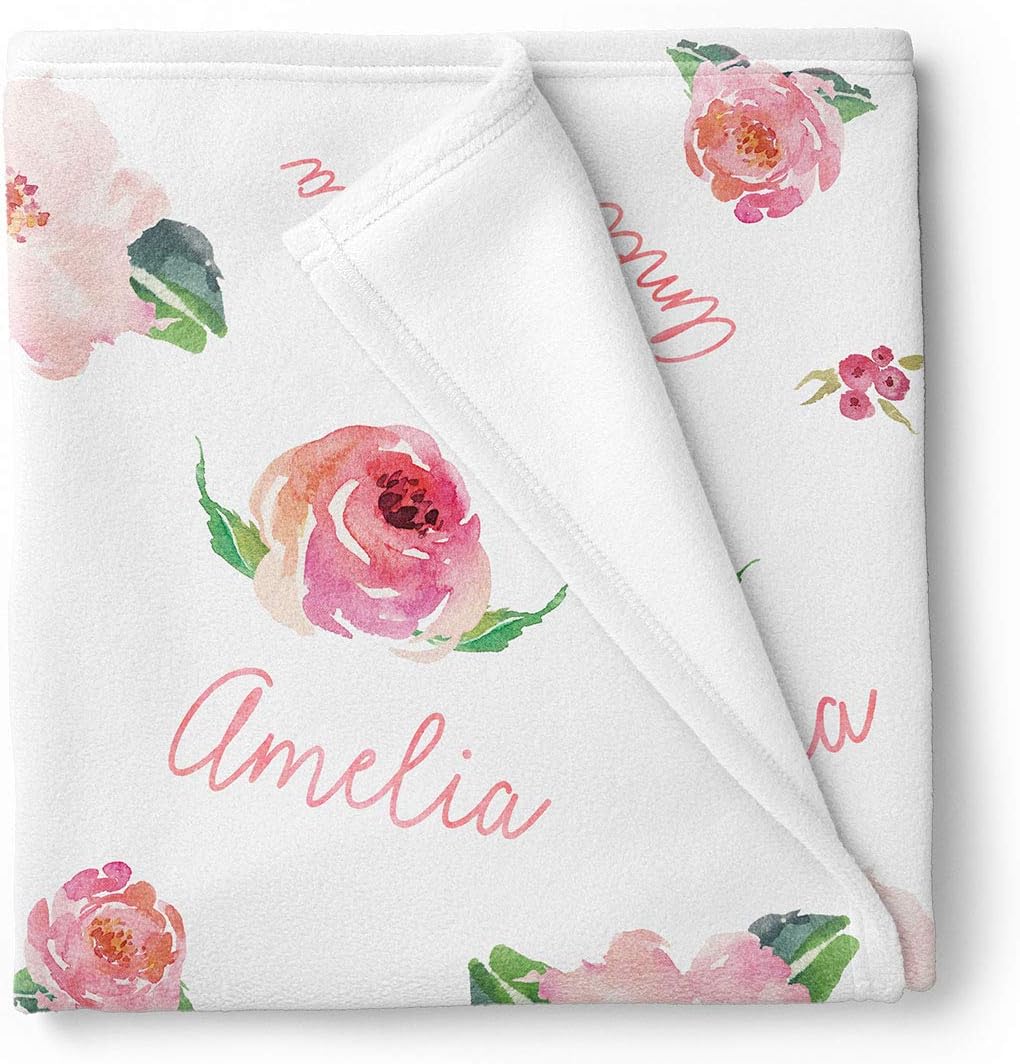 Personalized Fleece Baby Girl Blanket, Coral Pink Floral