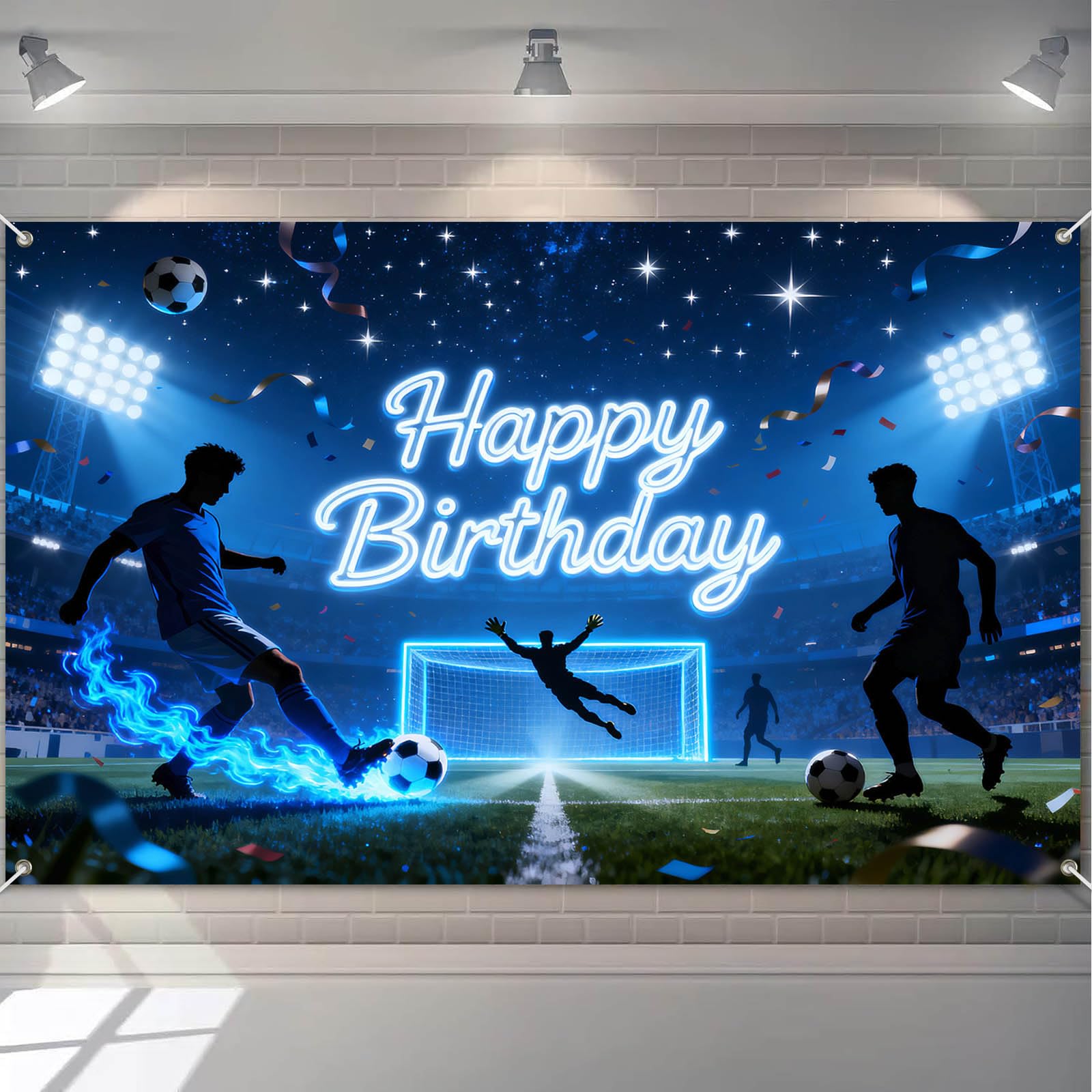 Toile de fond anniversaire football bleu pour créer un coin photo inoubliable en famille