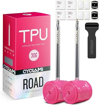 2-Pack TPU Inner Tube 700C, 30g Road Bike Tube Compatible with 700x18/23/25/28/30/32C Metal Presta Valve 45/65/85mm -TPU Road Bike Tire 28'' (with a Multi-Functional Tire Pry Bar)