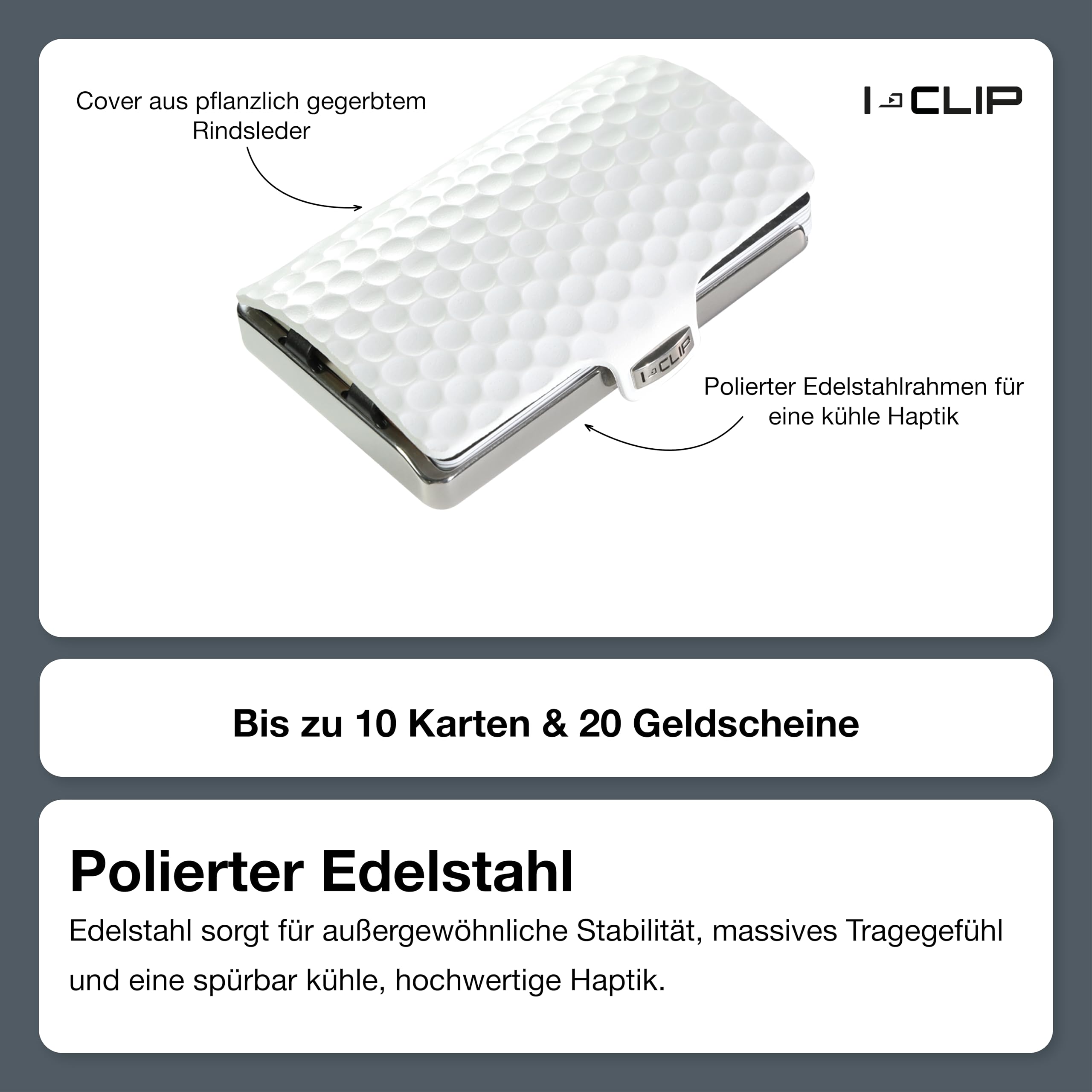 I-CLIP Edelstahl Geldbörse mit austauschbarer Geldklammer - Leder Portemonnaie - Kreditkartenetui mit Geldklammer - hochwertiger Geldbeutel - Slim Wallet - Polierter Rahmen - White Ace
