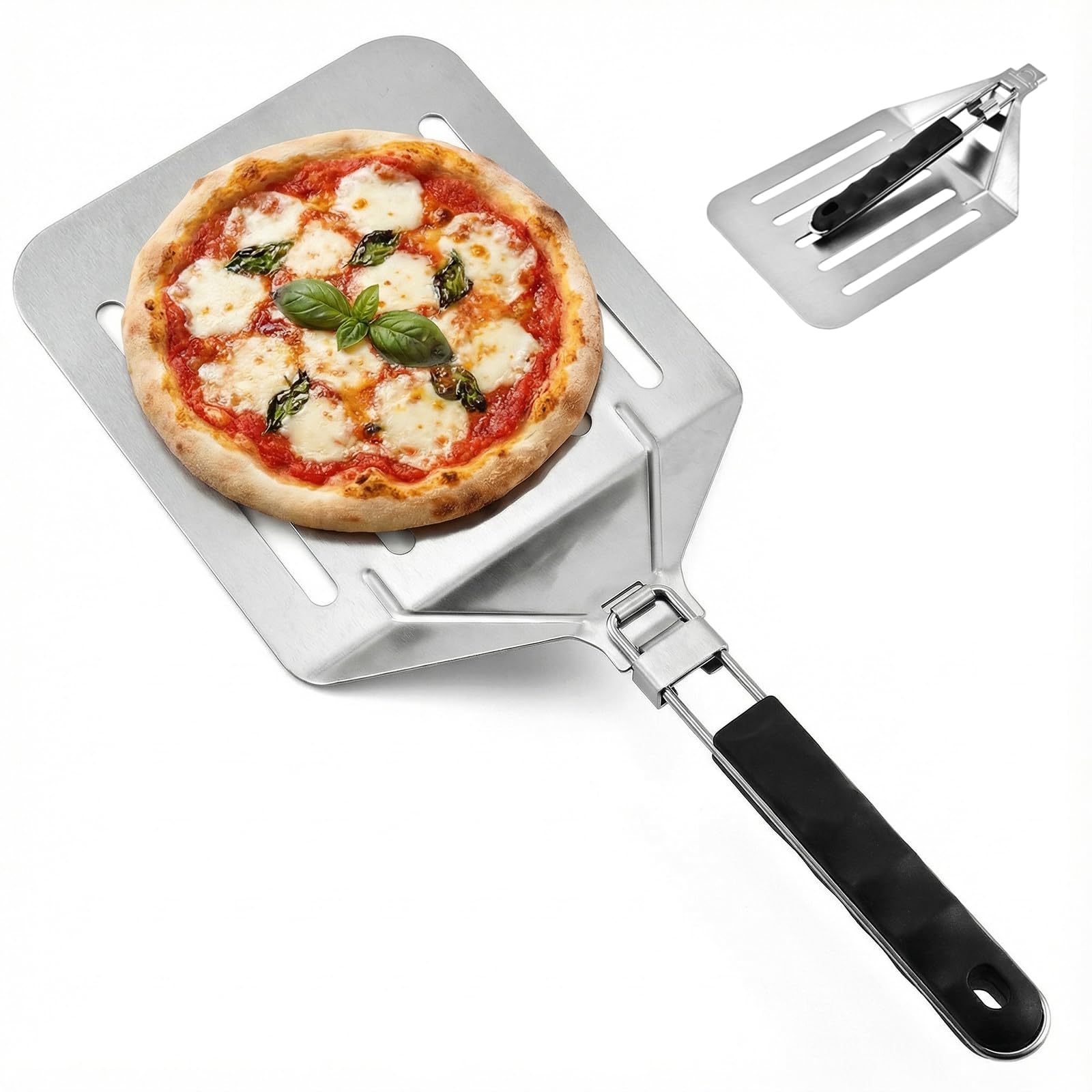 Pala Pizza Horno Perforada, Pala para Pizza de Acero Inoxidable con Mango Plegable y Colgable, Profesional para Horno de Leña Pizzas Pequeñas (8"), Pan, Alta Cocina, Pizzerías (20,3 x 23 cm)