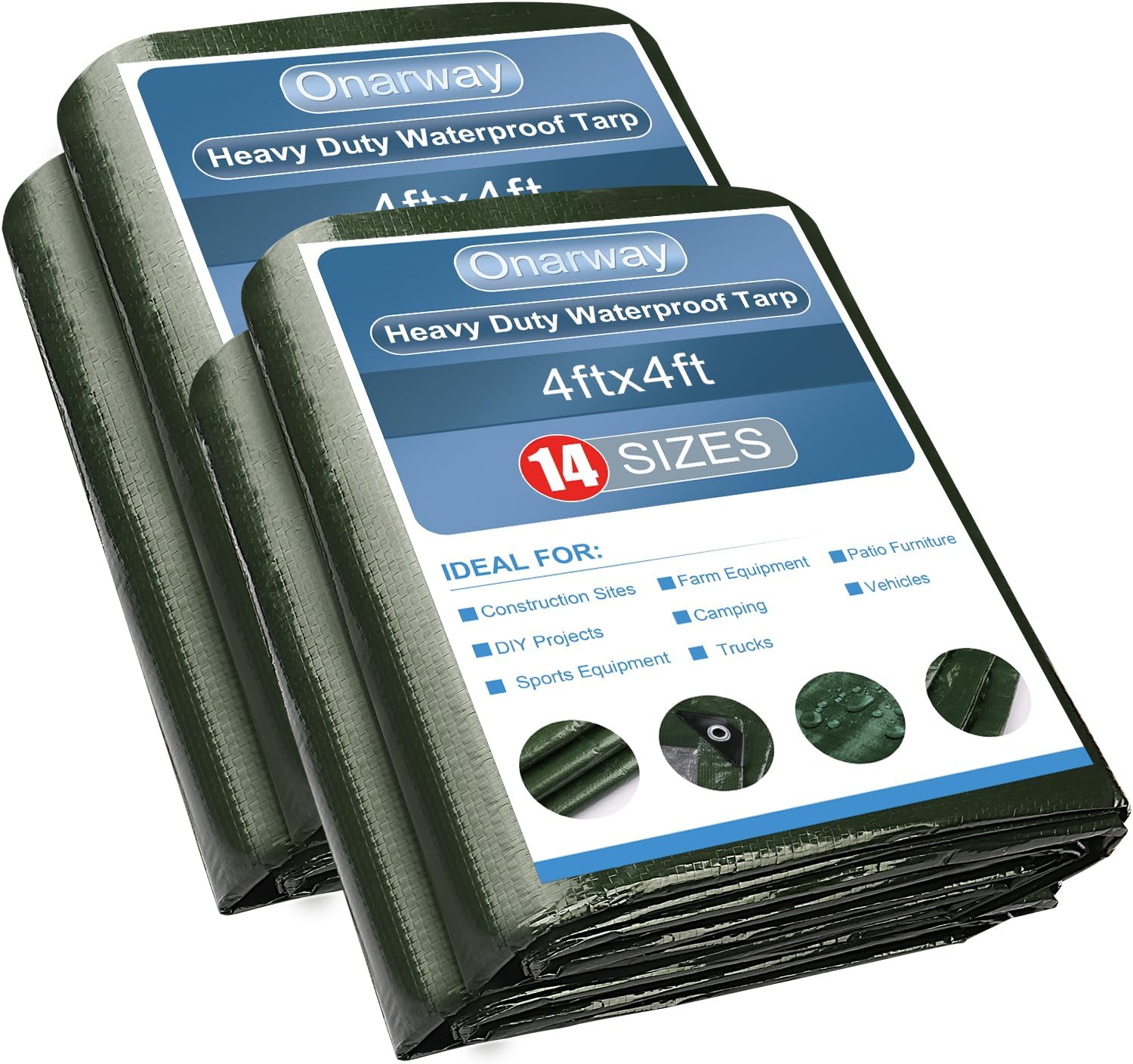 Onarway Poly Tarps Waterproof for Outdoor: Green Tarpaulin 6Mil Thicken 4x4 Ft 2Packs- Anti-UV Waterproof Tarp Cover with Grommets Multipurpose for Boat Pool Roof Camping