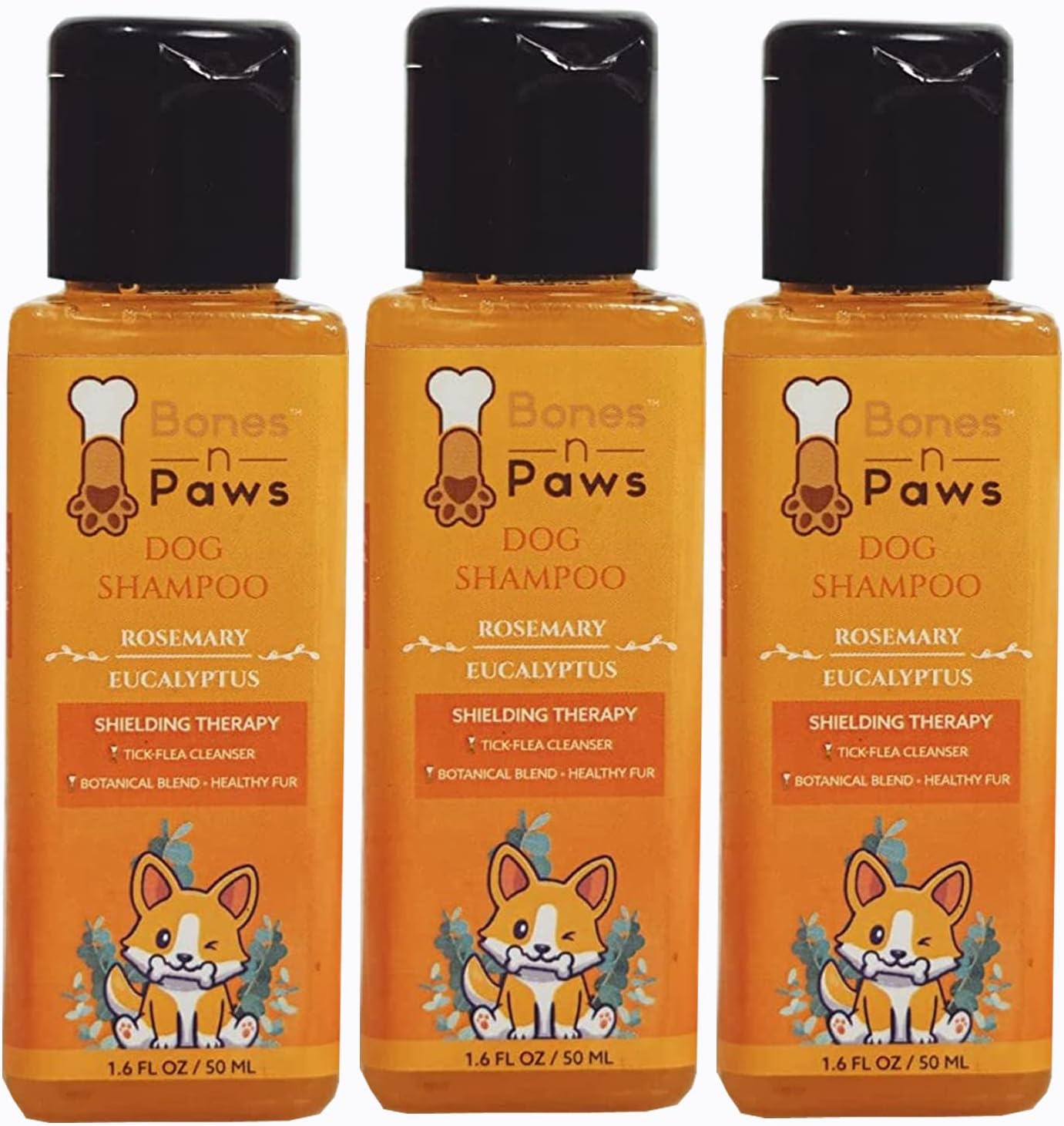 Bones n Paws Shielding Therapy (Tick n Flea Control) | Anti-Microbial & pH Balanced Dog Shampoo 50 ml | Natural Moisturizing Shampoo to Maintain Overall Skin Health | Puppy Shampoo (Pack of 3)