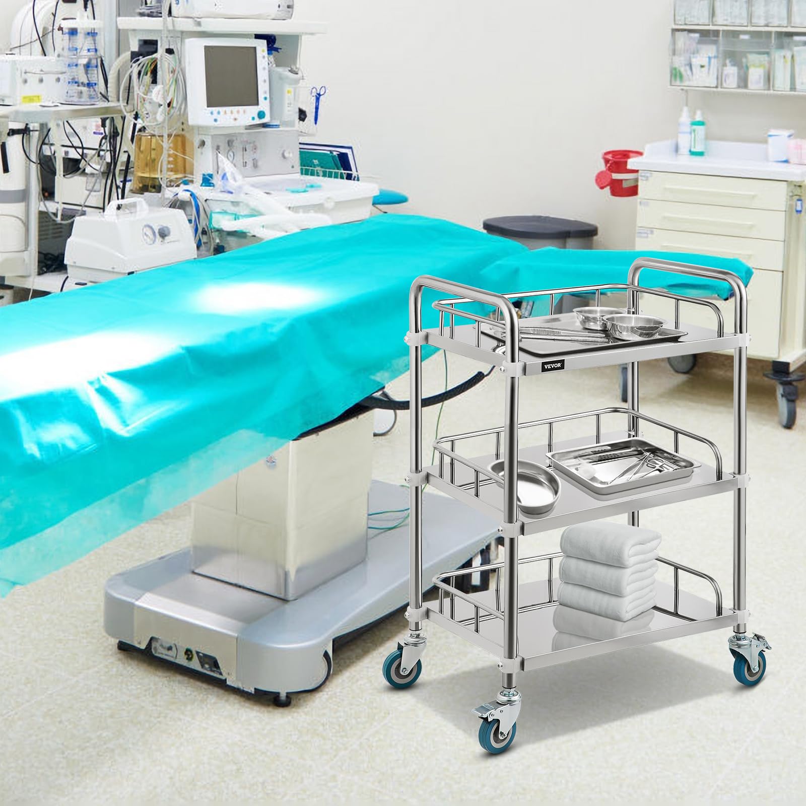 VEVOR Chariot Utilitaire en Acier Inoxydable avec roulettes pour Usage médical et Dentaire 3 Shelves 3 Shelves