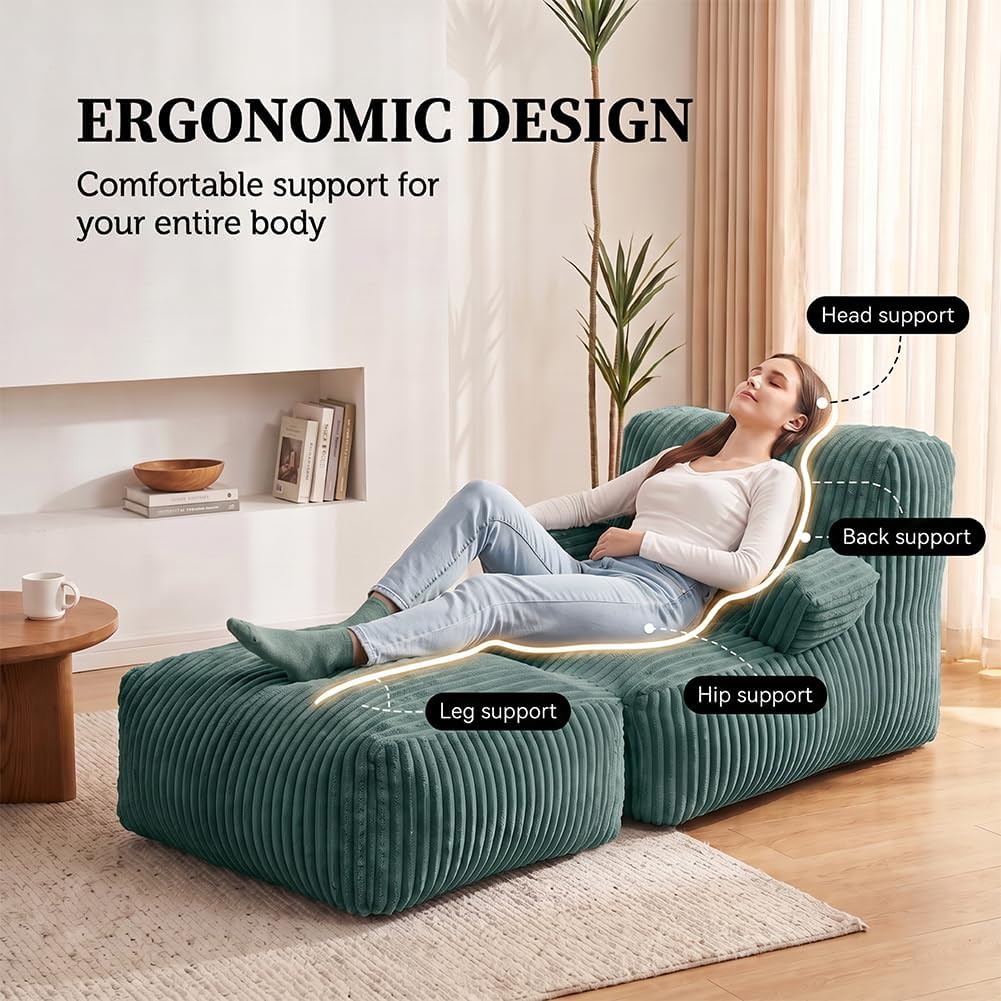 Giant Bean Bag Chair — Plush Faux Fur, Foldable Memory Foam Lounger, Removable Washable Cover for Living Room, Gaming & Lounge (Stripe Green)