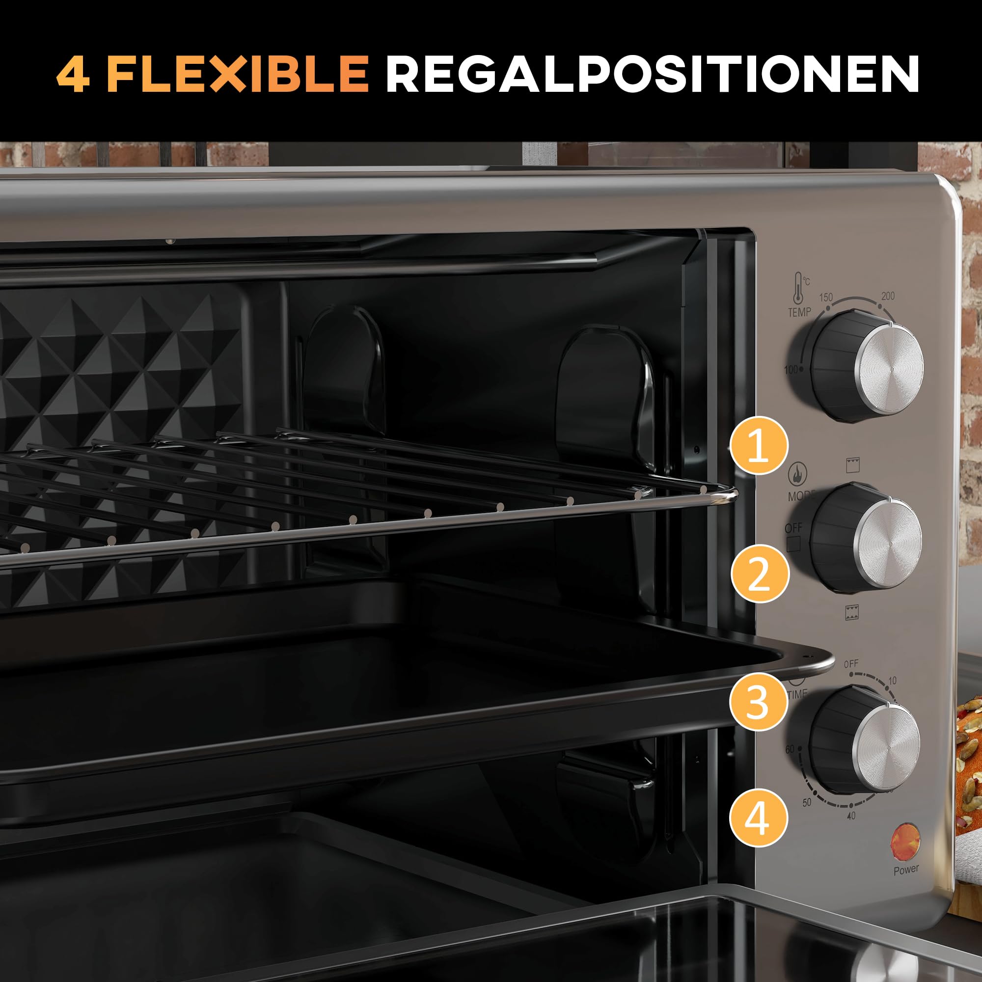 HOMCOM Mini piekarnik, 30 l, mini piekarnik z blachą do pieczenia i rusztem do grillowania, 1600 W, z blachą na okruchy, piec tosty 60-230℃ z timerem 60 min, stal nierdzewna