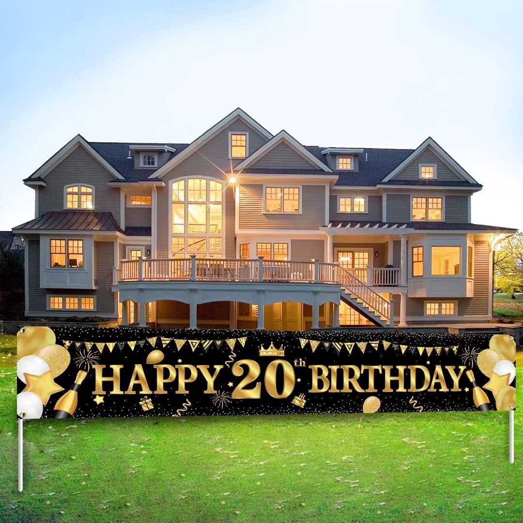 VICSOM 20th Birthday Banner, Happy Birthday Banner Black Gold, 20th Birthday Poster, Birthday Decorations for Him, Party Photo Booth Backdrop Banner for Boys Girls, Birthday Party Garden Wall Decor