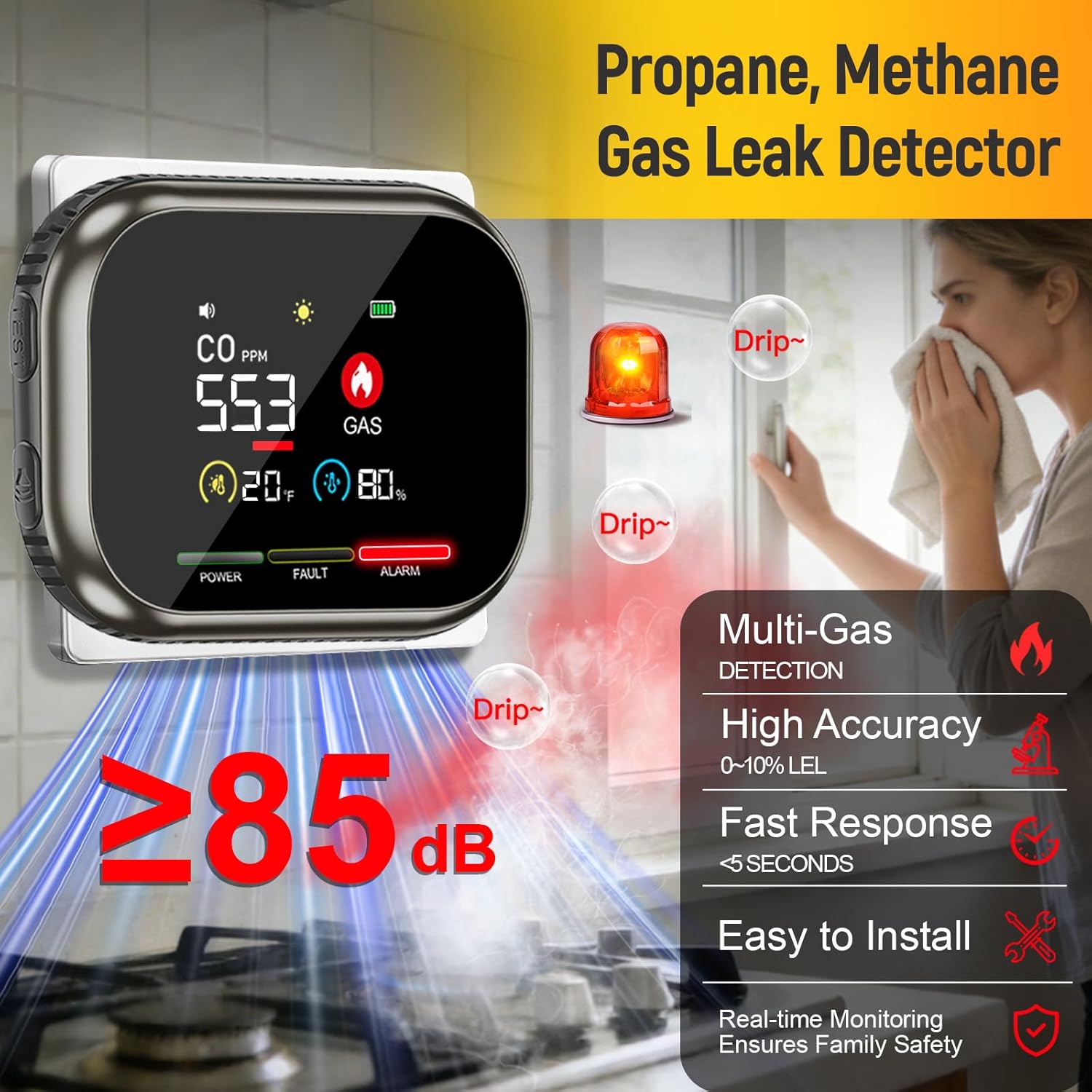 Upgraded Carbon Monoxide Detectors Plug in: Portable Natural Gas and Carbon Monoxide Alarm with Temperature(°F), Humidity, Gas Leak Detector & Methane, Propane, CO Detector for Home, RV, Apartment - Image 3