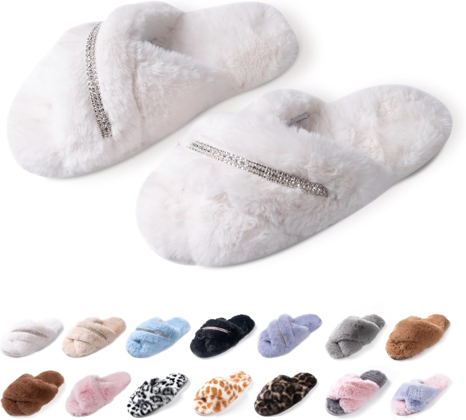 Women's Fuzzy Slippers Cross Band House Shoes Memory Foam Open Toe Slippers