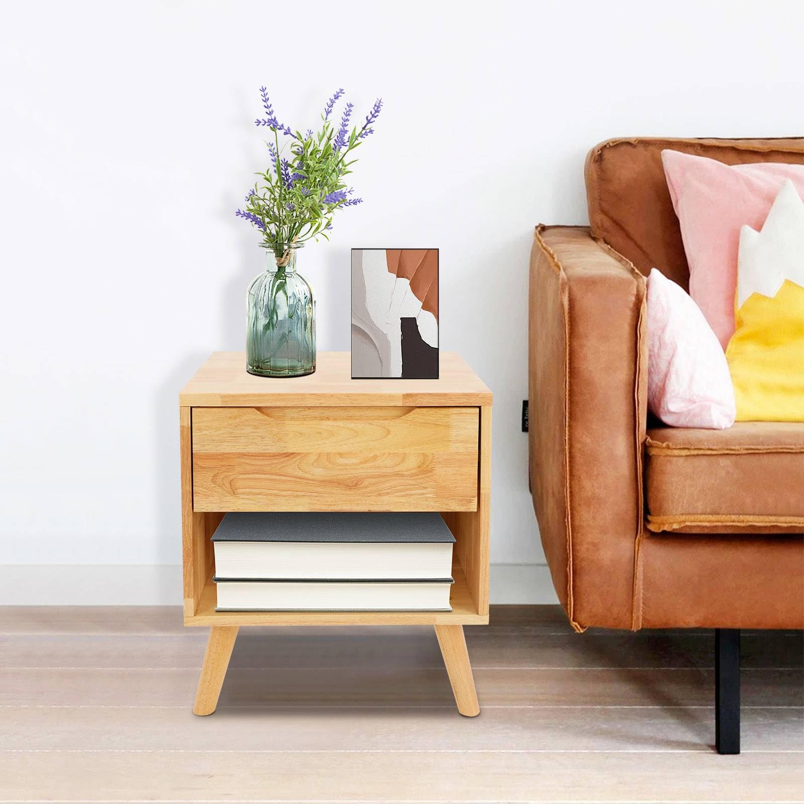 OUKANING Dorm Nightstand with Drawer,Bedroom Bookshelf,Solid Wood End Table,Multi-Functional Narrow Slit Side Table for Living Room and Study, for Living Room, Office?Wide 17.12 in?