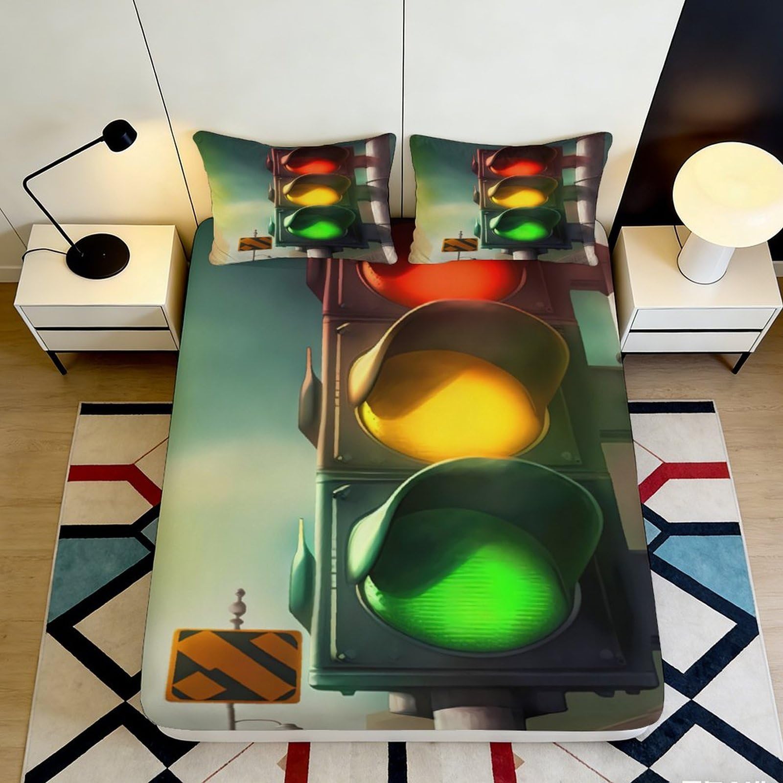 3D Printed Traffic Light Fitted Sheet Microfiber Soft Decorative Road Sign Bed Cover for Bedroom Dorm Mattress Protection 90x200x25cm