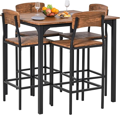 Miniatura 10 de HOMCOM 5-Piece Counter Height Bar Table with Space-Saving Design, Square Kitchen Table and Chairs Set with Footrest, Metal Legs, Industrial Dining