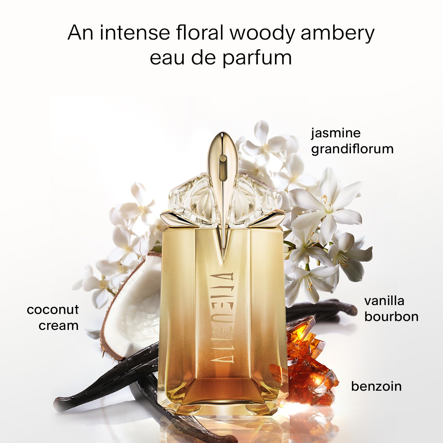 A close up of the intricate gold details on the Mugler intense perfume bottle
