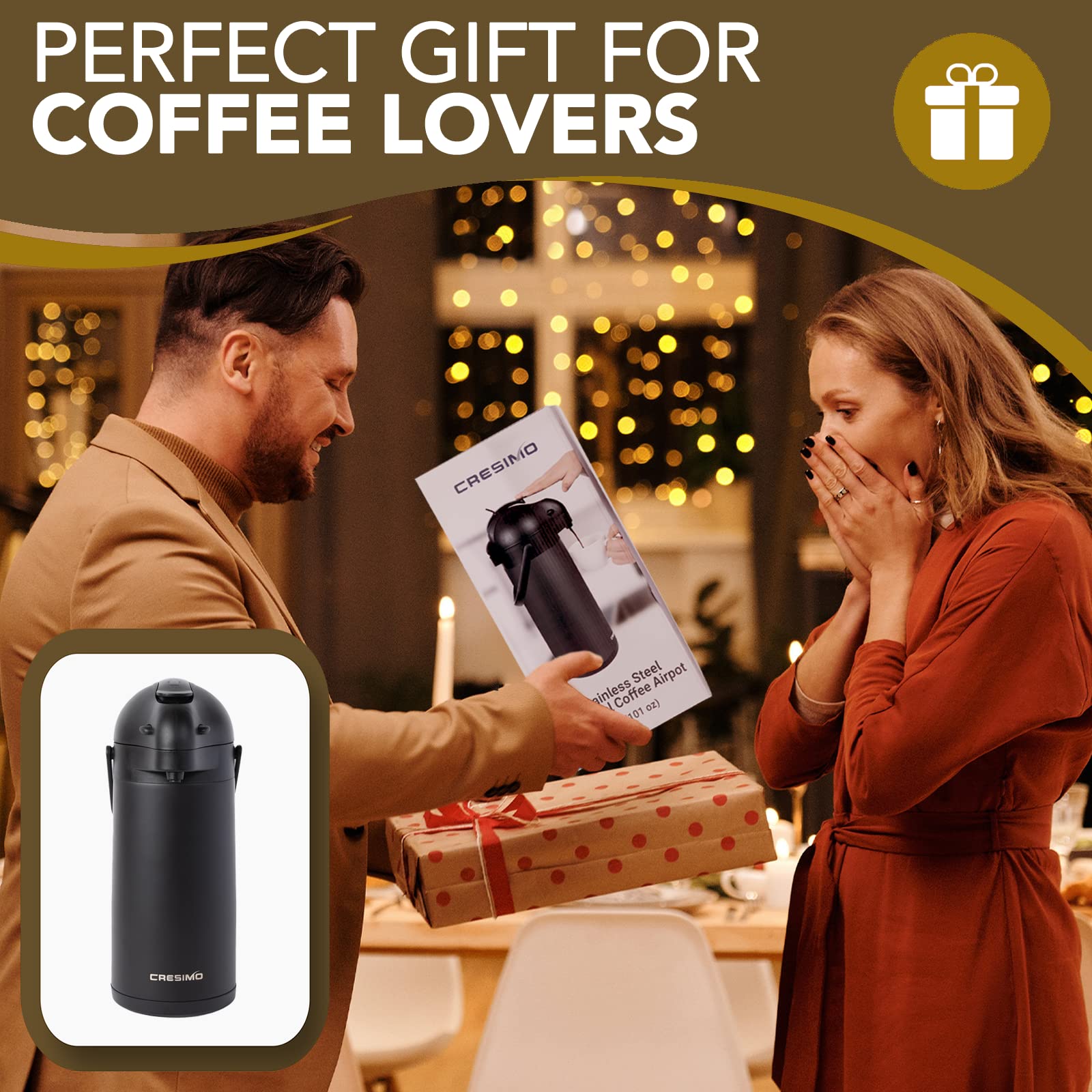 101Oz Airpot Thermal Coffee Carafe - Black Coffee Dispenser with Pump - Thermal Carafe Insulated Beverage Dispenser - Tea Thermos Coffee Carafe for Keeping Hot Coffee & Tea Hot For 12 Hours - Cresimo