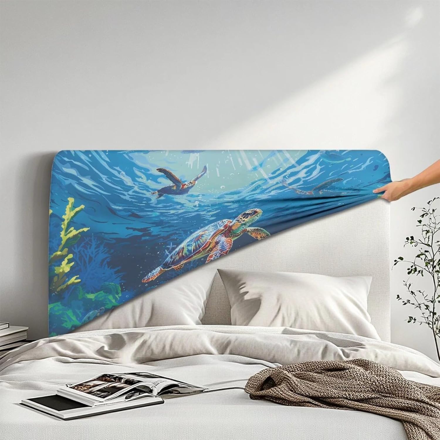 Sea Turtle Headboard Cover,Bed Headboard Cover for Queen,Stretch Bed Headboard Slipcover Covers,Easy to Clean Furniture Cover