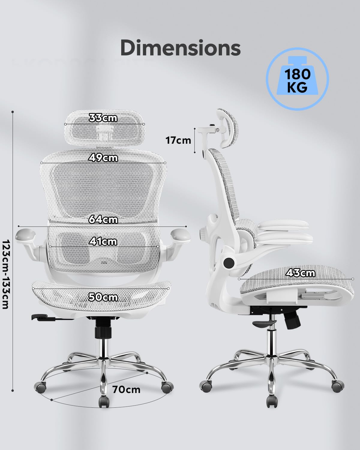 DEVAISE Chaise de Bureau Ergonomique, Fauteuil de Bureau avec Dossier Segmenté, Fauteuil de Bureau Grande en Maille Respirante, Support Lombaire & Appuie-tête réglable, Accoudoirs 3D, Blanc
