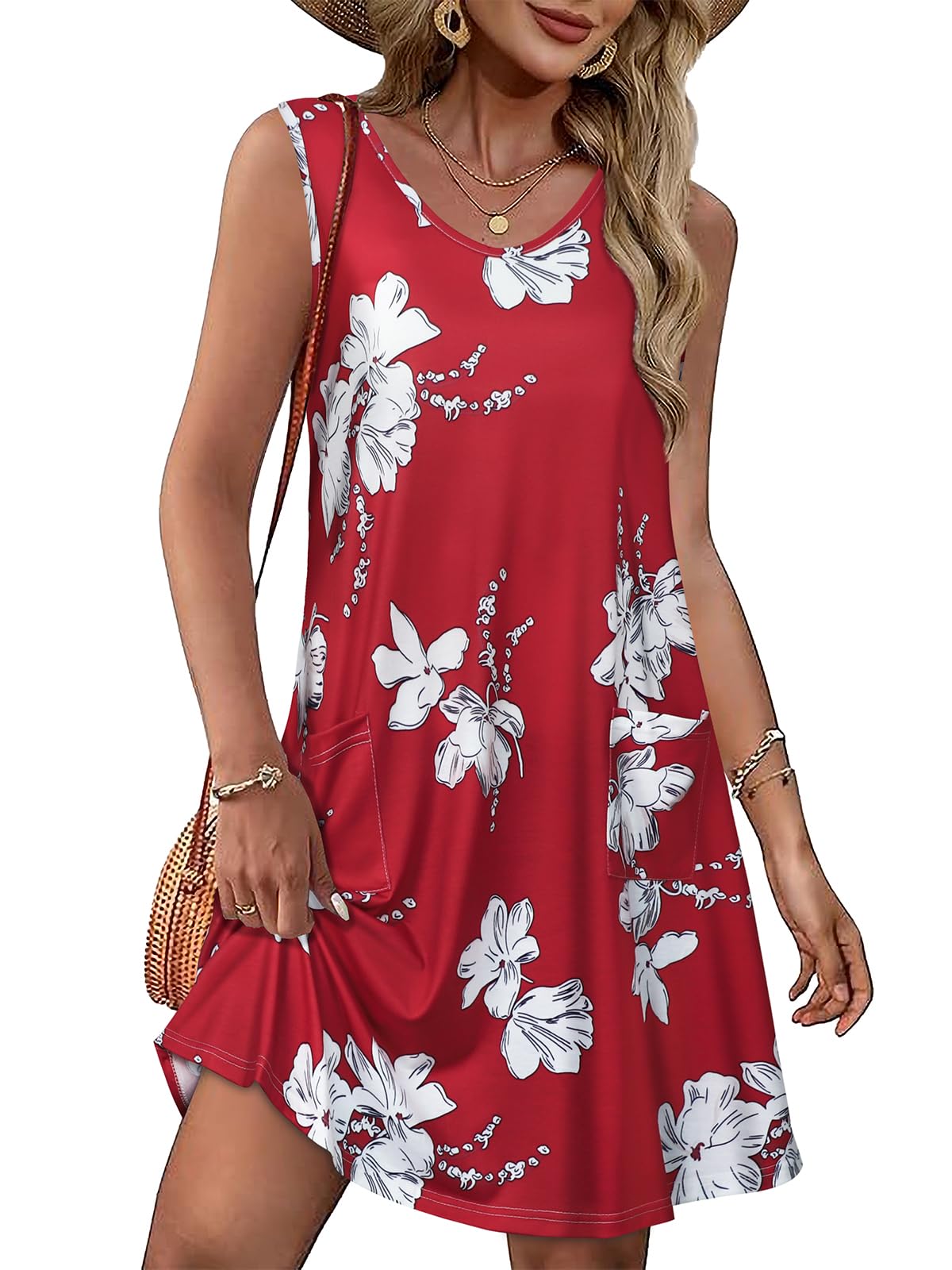 Womens Summer Dresses Casual V Neck Sleeveless Pockets Beach Loose Sundress | 2026 Loose Tank Sun dres with pockets, Casual Beach Cover Up, Fashion Vacation Outfits, Tshirt Floral Boho A-Line Flow Dress