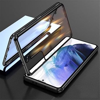 Lockable Galaxy S22 Ultra 5G 6.8 inch Case Double-Sided Tempered Glass Magnetic adsorption + Safety Lock 360 Full Body Shockproof Aluminum Bumper Clear Glass Cover Black