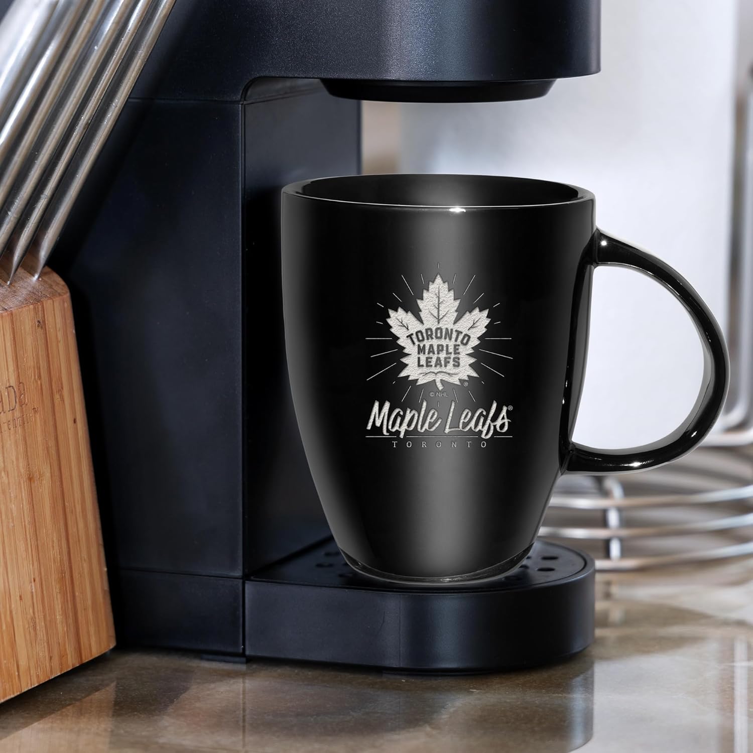 Rico Industries NHL Hockey Toronto Maple Leafs Sunburst Black 18oz Laser Engraved Ceramic Lustre Mug - Image 2
