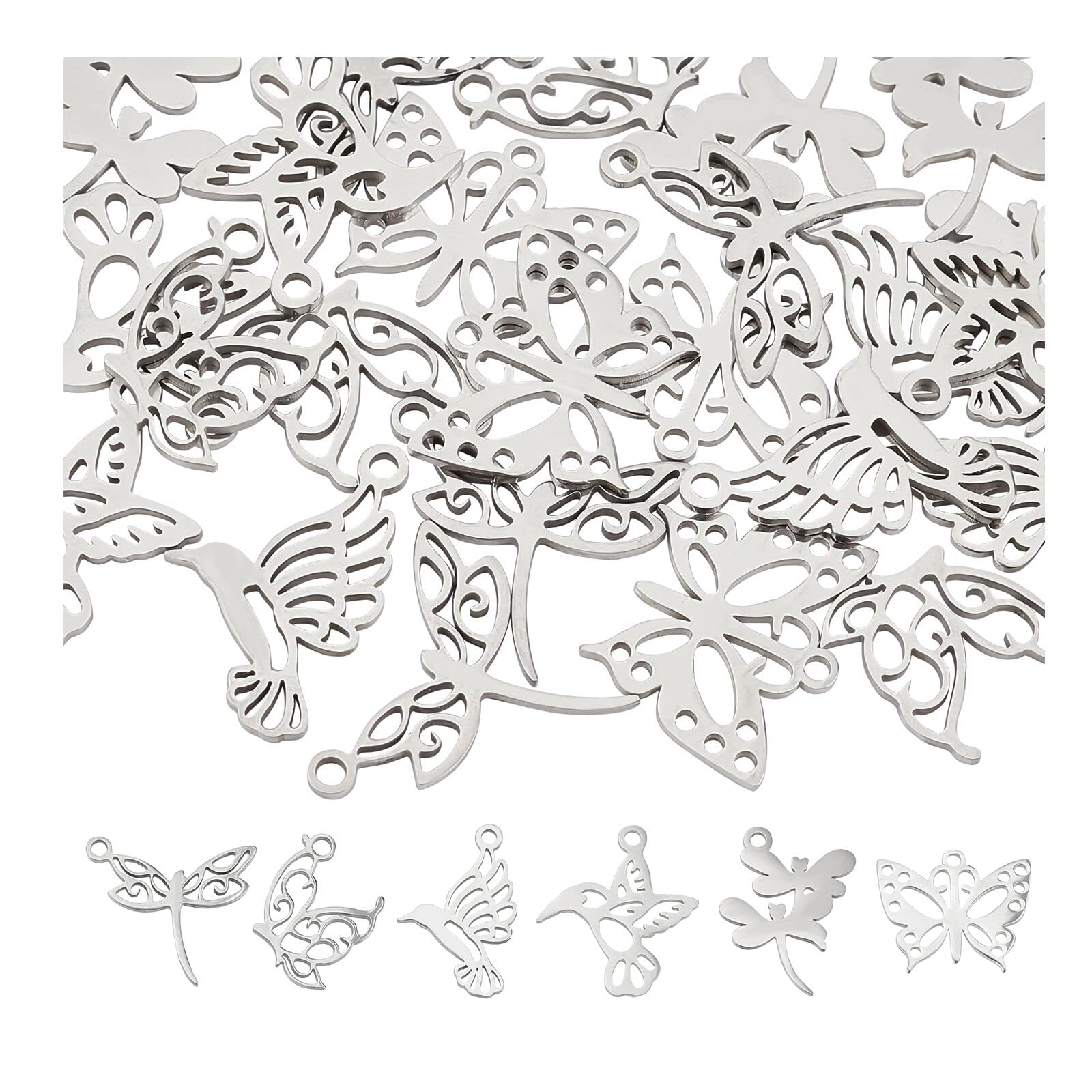 DICOSMETIC 6 Styles Dragonfly Charms Bulk Stainless Steel Flying Insect Charms Butterfly Pendants Bird Pendants Hummingbird Pendant Small Animal Charm for Jewelry Making, Hole: 1.4-1.5mm