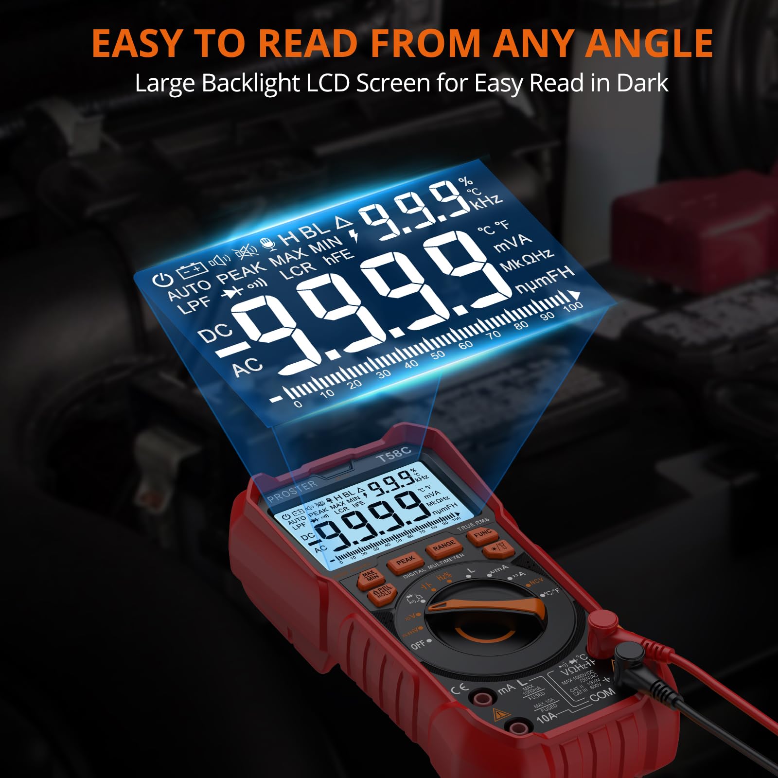 Proster Multímetro Digital Profesional TRMS 9999 Cuentas, Polimetro Digital de Rango Automático para Corriente/Voltaje de CA y CC NCV Inductancia Picos Temperatura Capacitancia con Luz de Fondo