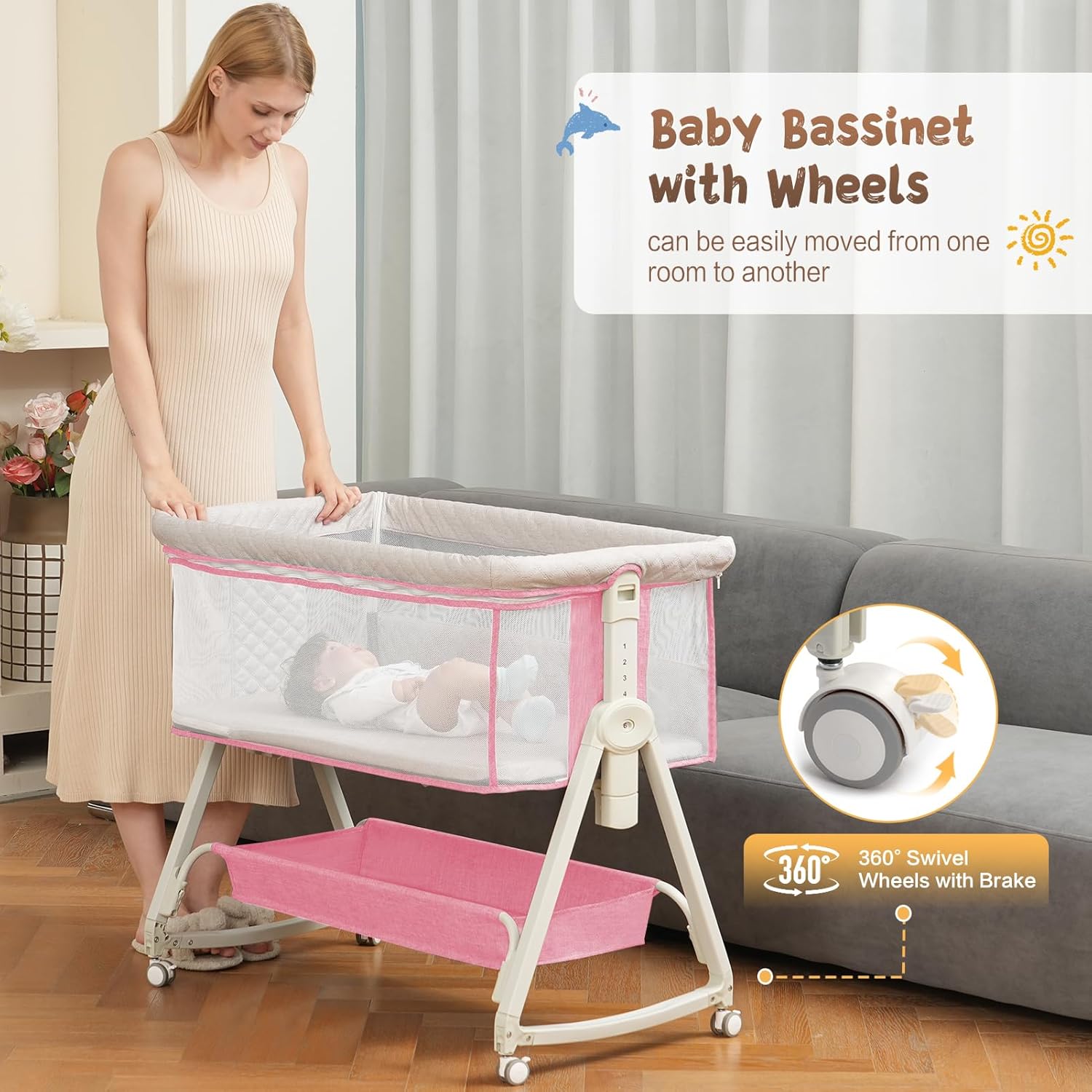 Bassinet with wheels for easy movement