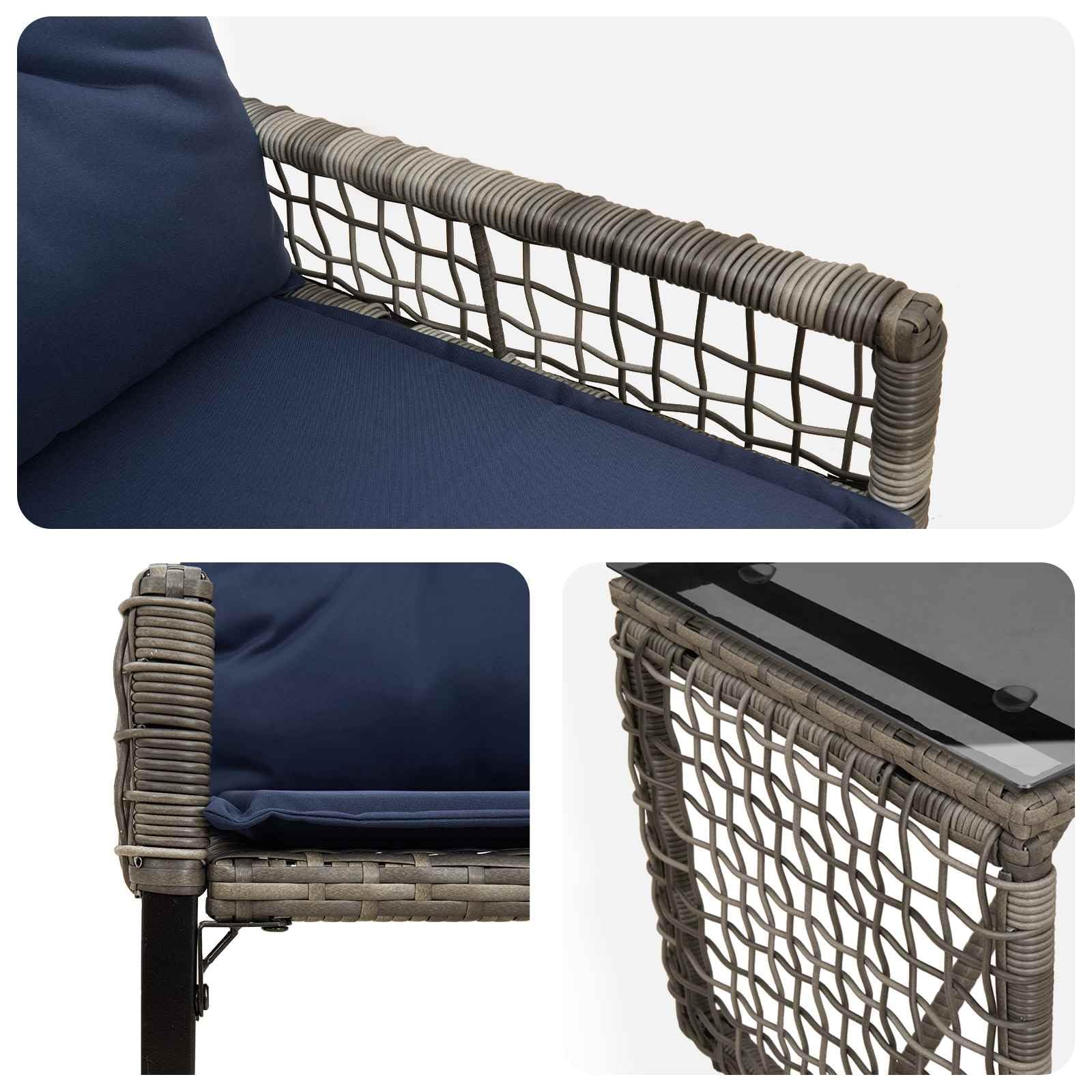 Set Mobili da Giardino 3 Pz in Polyrattan Legno Grigio Blu Navy | Set da pranzo per giardino e terrazzo con 2 sedie e tavolino, cuscini imbottiti per relax all'aria aperta e finiture curate.