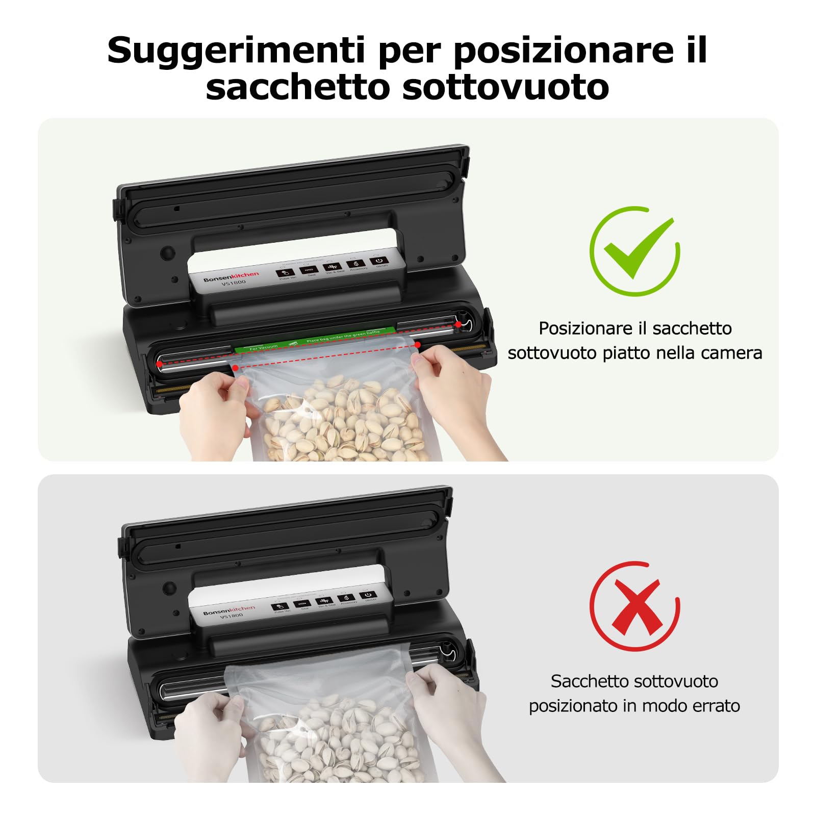 Bonsenkitchen Macchina Sottovuoto, Saldatura Robusta 30 cm, Funzione Pulse per Cibi Umidi, Kit Aspirazione Esterna, Uso Continuo con Protezione Termica, con 5 Sacchetti, VS1800