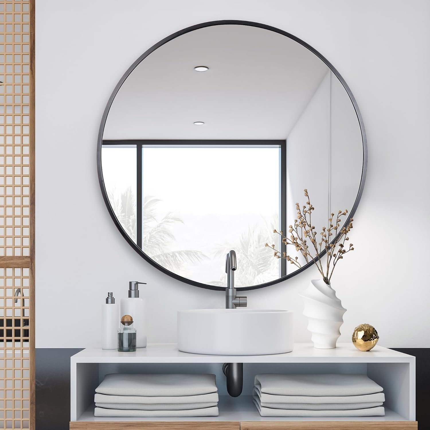 ZENY 24 Inch Round Wall Mirror, Black Frame Bathroom Mirror for Wall, Large Circle Vanity Mirror Wall Mounted