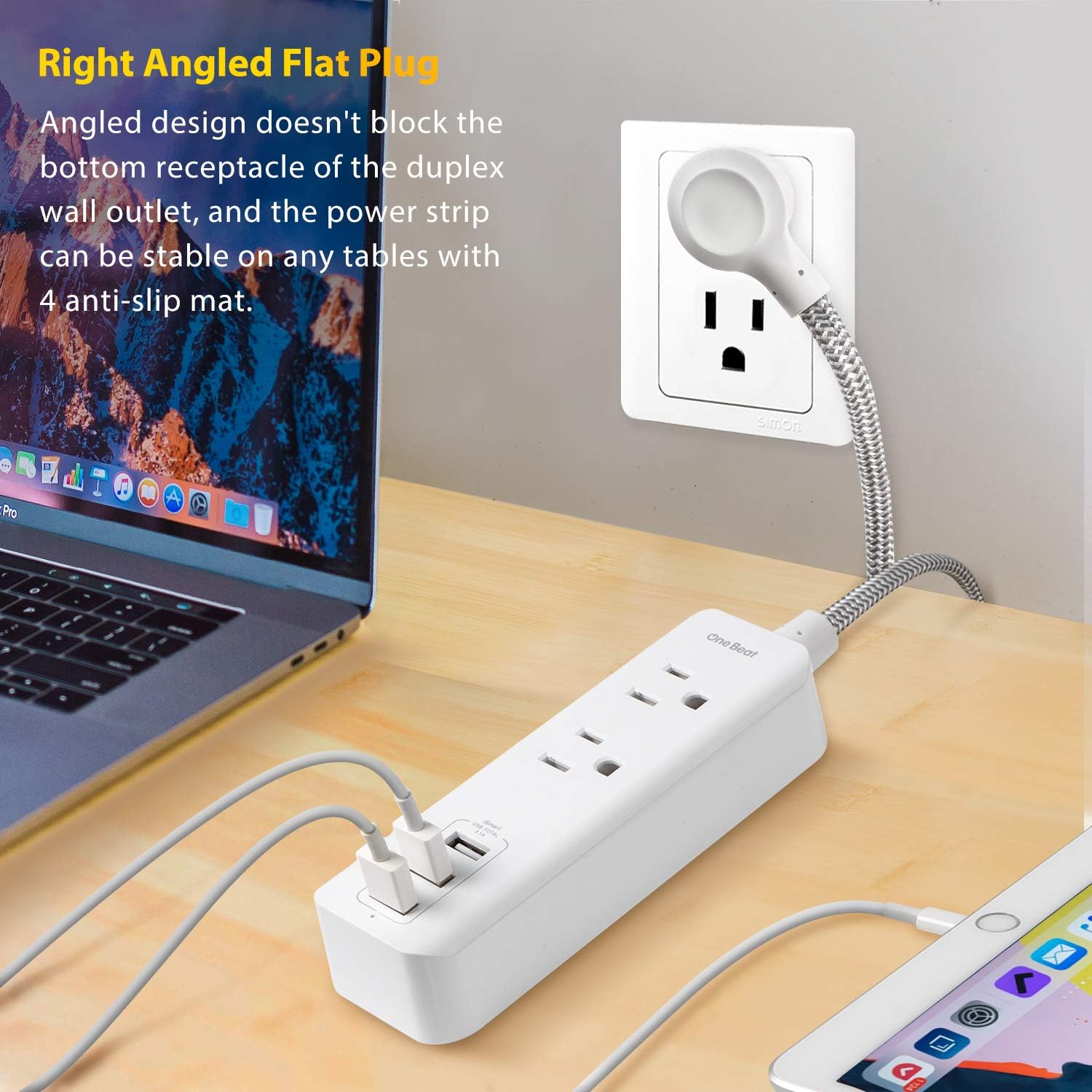 Power Strip with USB - 2 Outlets 3 USB Charging Ports(3.1A, 15W), Desktop Charging Station with 5 ft Braided Extension Cord, Flat Plug Travel Power Strip for Cruise, Home Office, ETL Listed : Electronics