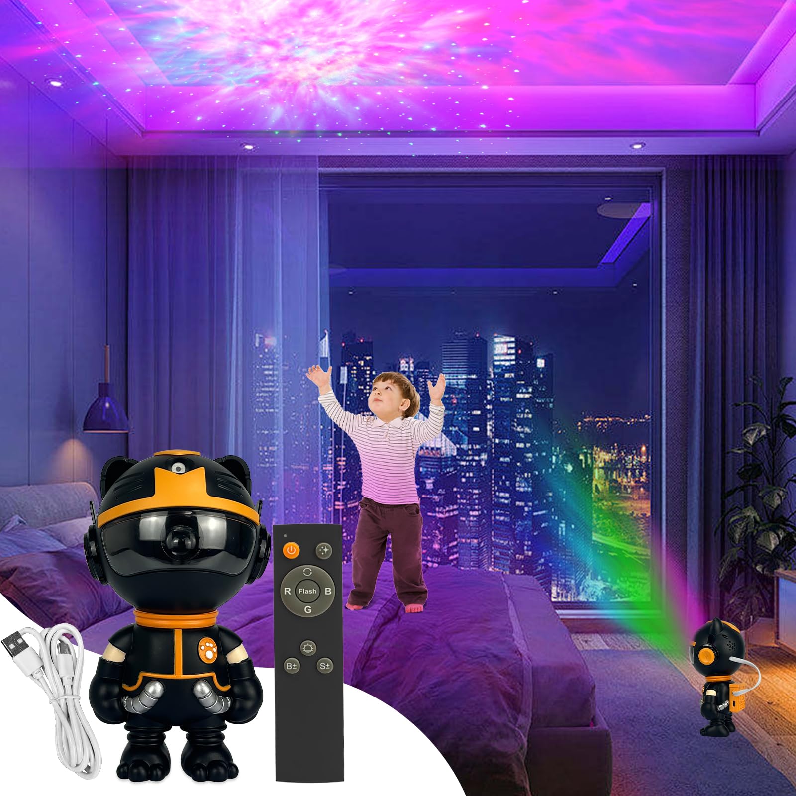 Lampada LED Gatto Astronauta Proiettore Stelle,Proiettore Lampada LED Ricaricabile per Bambini Girevole a 360°,Luce Notturna Neonato Soffitto Con 12 Effetti Di Luce,Telecomando,Cavo Dati USB