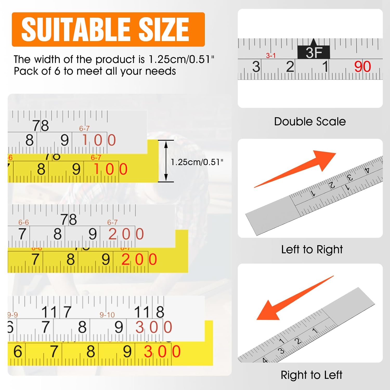 Pisman Self Adhesive Measuring Tape, Right to Left Adhesive Tape Measure for T Track,Double Sided Fractional Inches and Centimeter for Woodworking (2, Yellow, 39 inch Right to Left Reading)