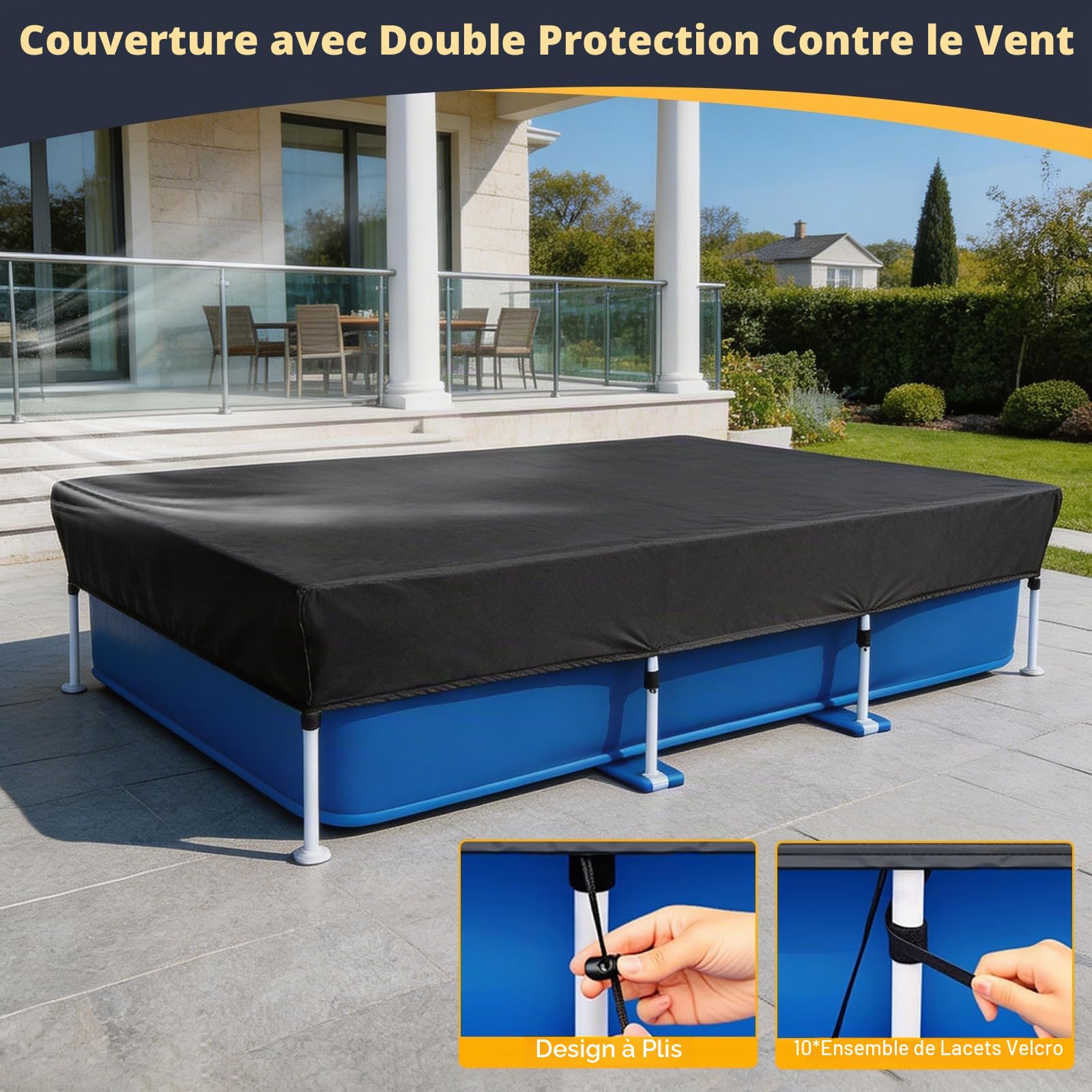 Bâche de piscine rectangulaire, avec cordons, pour piscine à cadre rectangulaire, étanche à la poussière, imperméable, protection UV, cadre de piscine, pour piscine hors sol (400 x 215 cm)