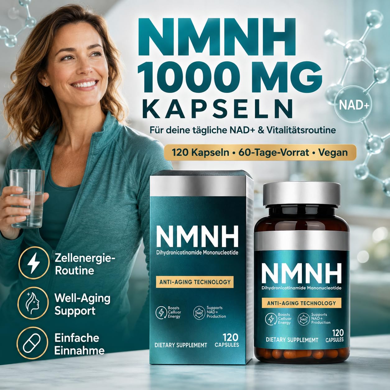 NMNH Kapseln 120pcs, Zur Steigerung Des NAD+-Spiegels, NMNH Supplement | Anti-Aging & Konzentration, Zellenergie Und Vitalität, Vegan & Ohne Zusätze
