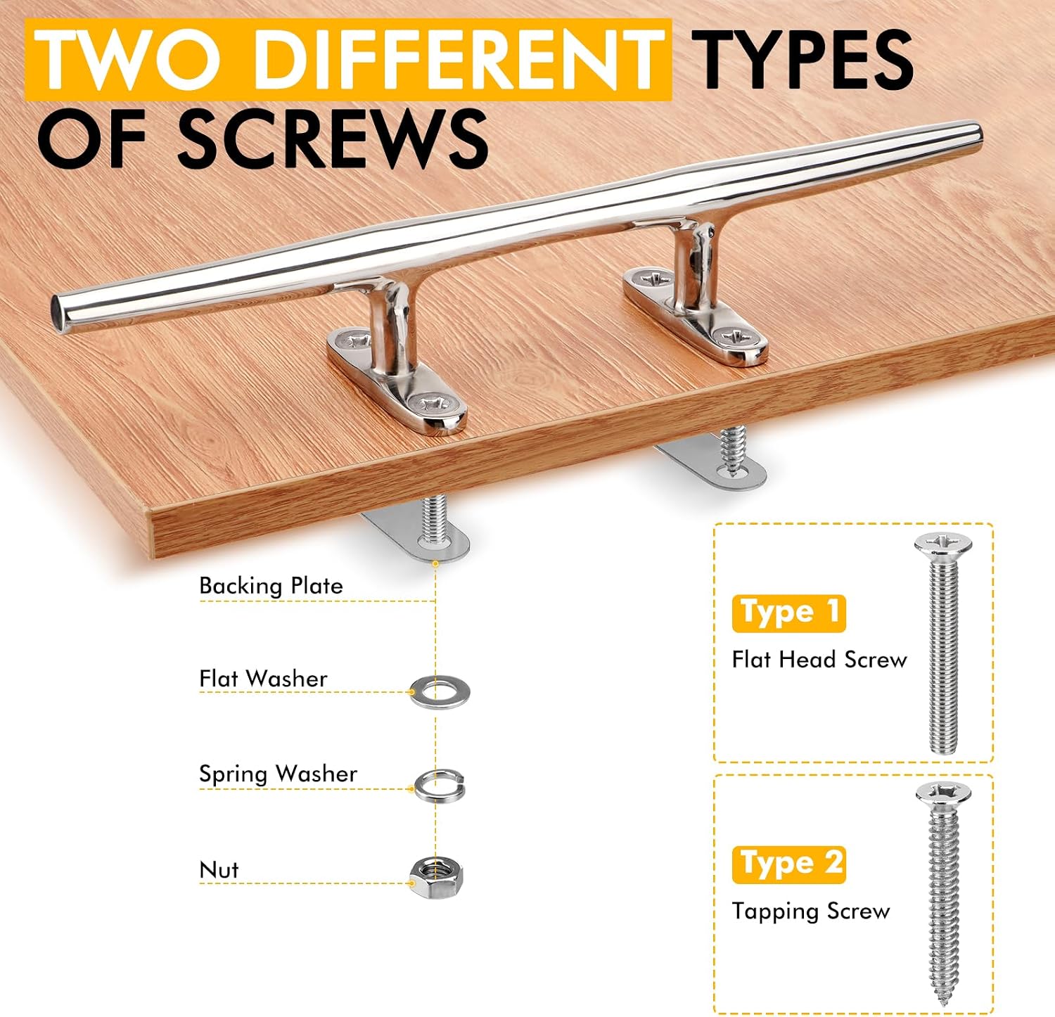 8"/10"/12" Boat Cleats, 316 Stainless Steel Open Base Marine Dock Rope Cleats with Backing Plates and Two Types Screws, Compatible with Kayak, Yacht, Pontoon, Nautical Decor