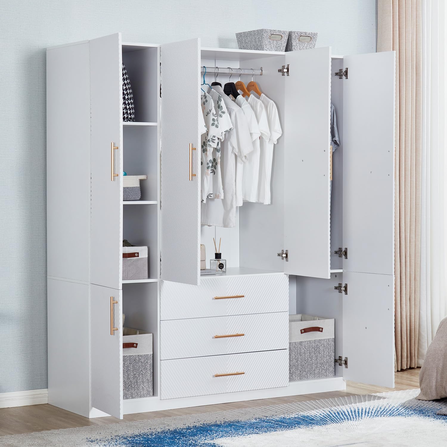 GraceGrove Armoire Wardrobe Closet with 3 Drawers and 4 Door Armoire Cabinet Closet Wood High Storage Capacity and Hanging Rail for Bedroom White