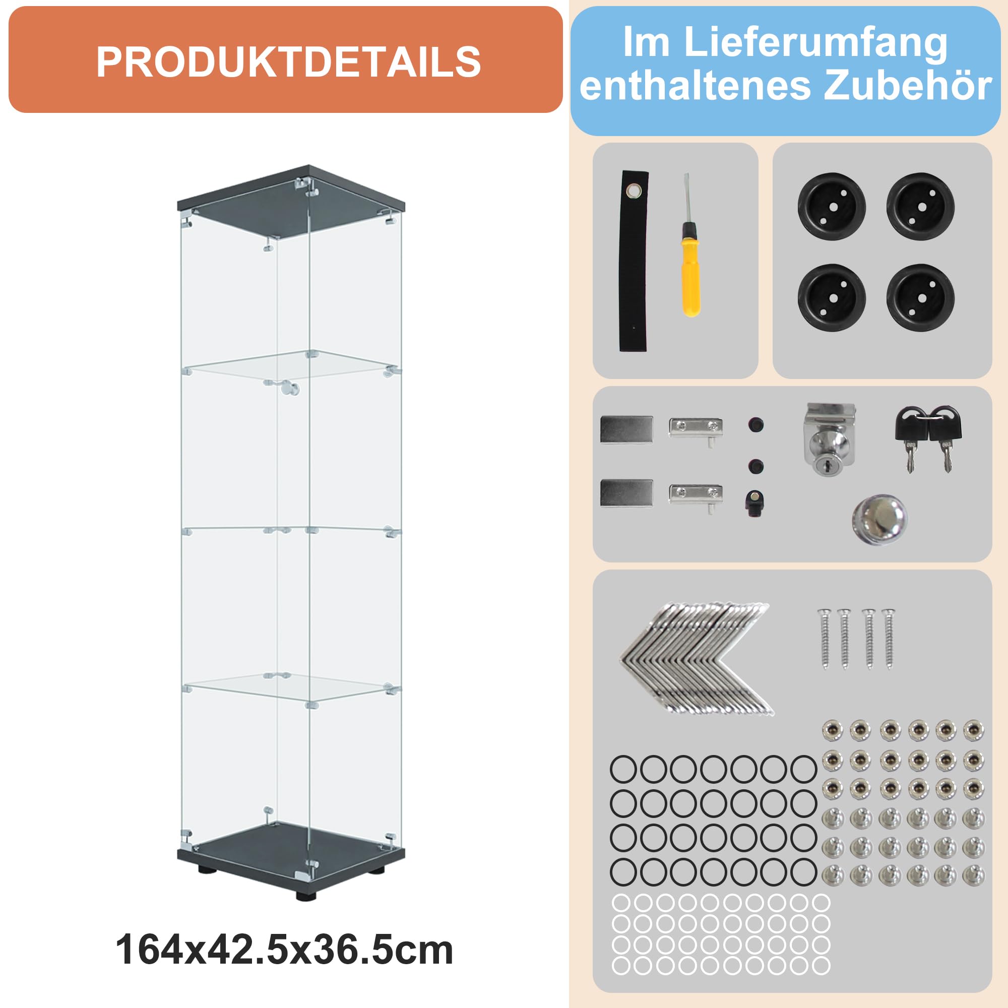 FANYUSHOW Glasvitrine Standvitrine in Schwarz, Modern Glas Holz Vitrine 4-Lagen Vitrine aus Glas für Sammlerstücke Bücher Wein, für Büro Wohnzimmer Küche, 164x42.5x36.5cm
